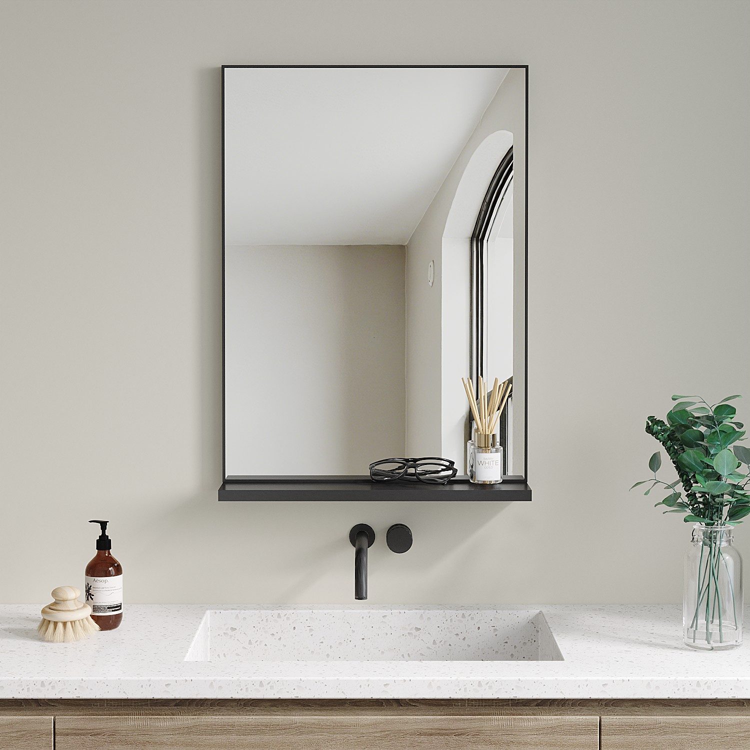 AQUALAVOS Spiegel Badspiegel mit Ablage Aluminiumrahmen Schwarz matt Wandsp günstig online kaufen