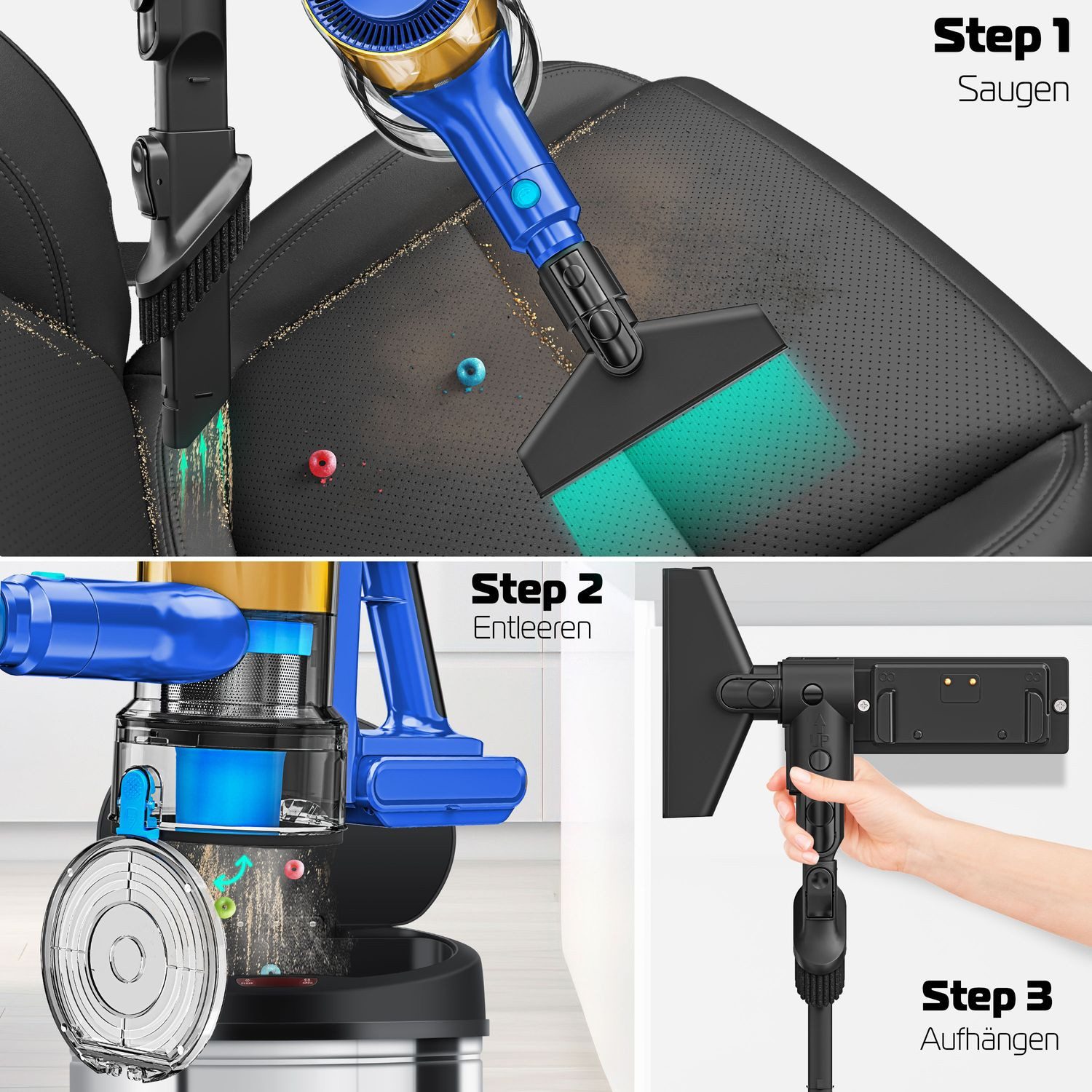 KESSER Akku-Hand-und Stielstaubsauger Stabstaubsauger mit Anti-Tangle-Bodenbürste für Hartböden Teppich, Hepa-Filter, beutellos, Handstaubsauger bis 60 Min. Akku Staubsauger beutellos mit LED