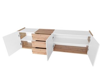 Merax TV-Schrank Landhaus mit 3 Schubladen und 3 Türen, Fernsehtisch Lowboard mit verstellbaren Einlegeböden, TV-Board freistehend/hängend
