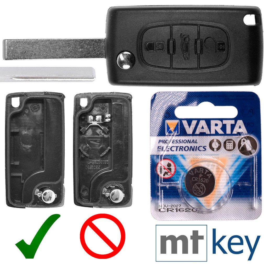 mt-key Auto Klapp Schlüssel Gehäuse 3 Tasten + HU83 Rohling + VARTA CR1620 Knopfzelle, CR1620 (3 V), für Peugeot Expert RCZ 308 207 307 Citroen C5 Funk Fernbedienung
