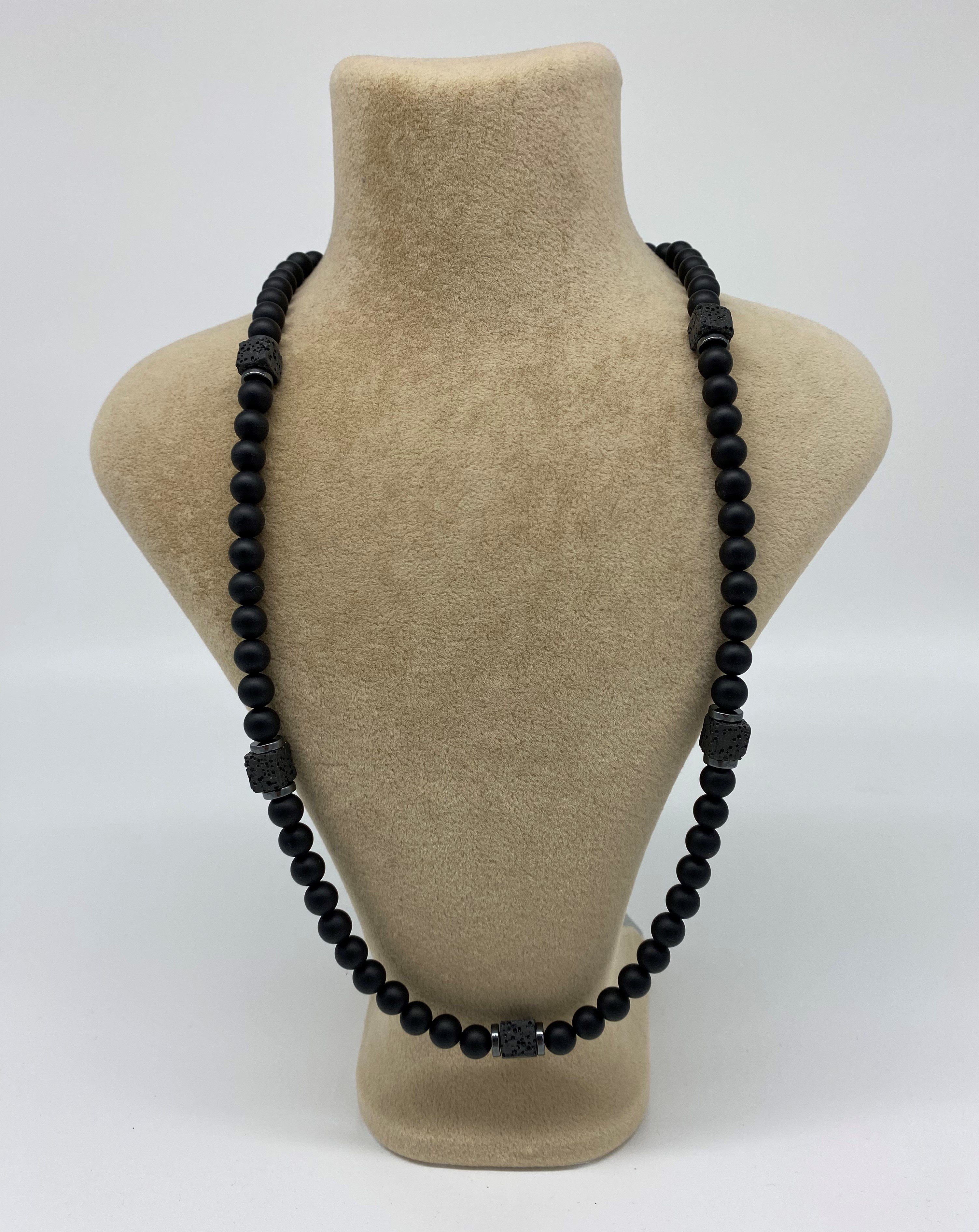 NAHLE Perlenkette Onyx Lavastein Halskette für Damen und Herren, mit 925  Silberverschluss