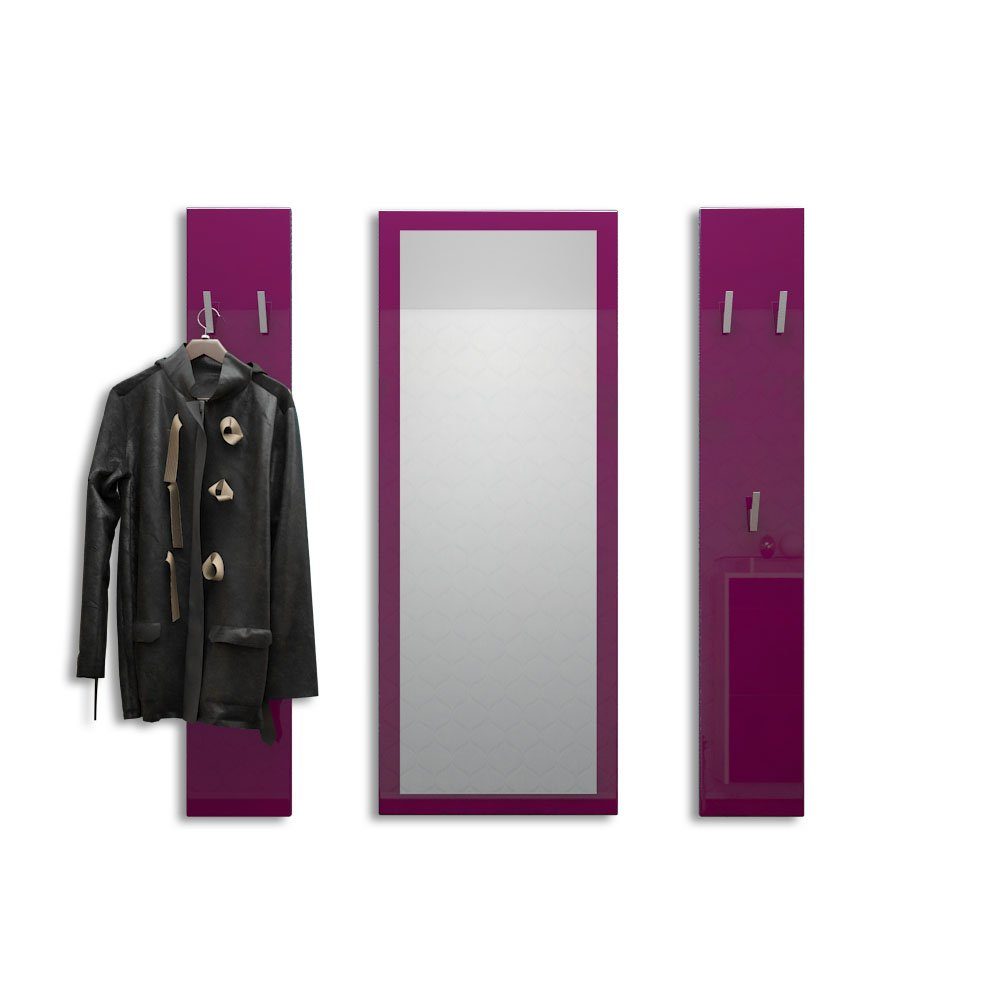 Vladon Garderoben-Set Spot, (Flurgarderobe, mit 2 Garderobenpaneelen und 1 Spiegel), Brombeer Hochglanz (Paneel: 24 x 140 x 10 cm/Spiegel: 55 x 139 x 2 cm)