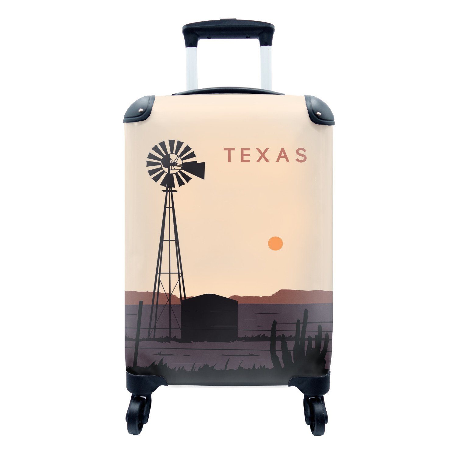 MuchoWow Handgepäckkoffer Windmühle - Texas - USA - Illustration, 4 Rollen, Reisetasche mit rollen, Handgepäck für Ferien, Trolley, Reisekoffer