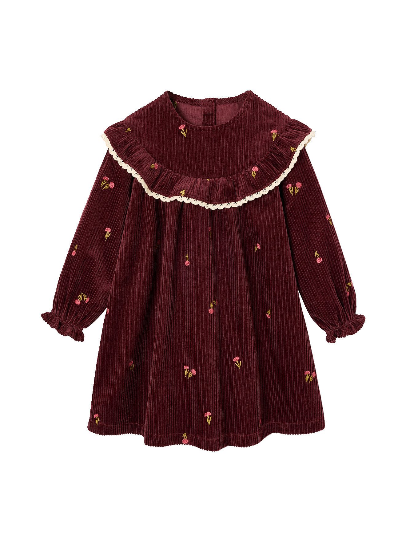 vertbaudet Minikleid Mädchen Cordkleid, Volant mit Spitzenborte Blumenstickereien