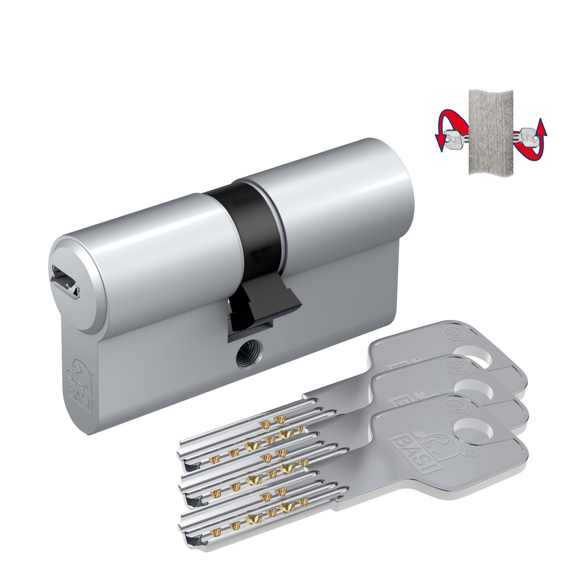 BASI Profilzylinder BM, Verschiedenschließend, diverse Längen, (Packung, 1-St), Doppelzylinder 30/40 mm, Not- und Gefahrenfunktion, 3 Schlüssel