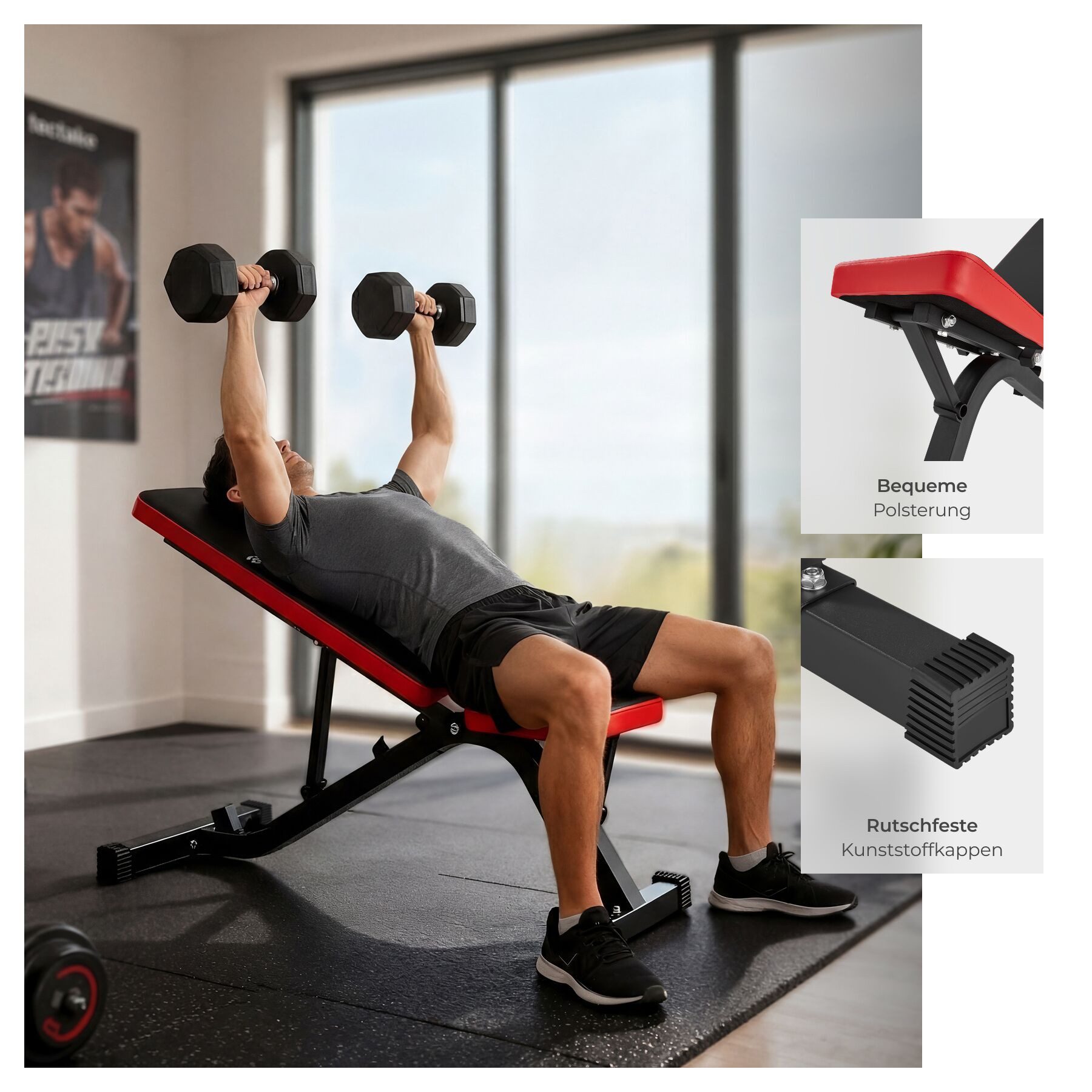 tectake Hantelbank Fitnessbank, rutschfest, 116 x 51 x 122 cm, mit Schnellverstellung, (Trainingsbank, in schwarz/rot), Rückenlehne 4-fach verstellbar, gepolstert mit Kunstlederbezug