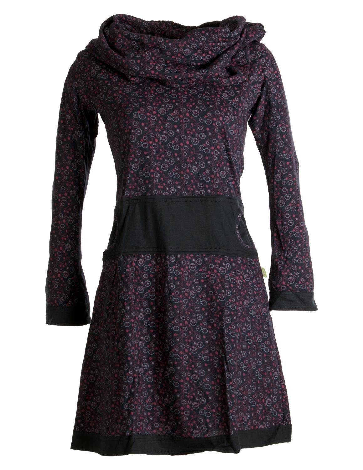 Vishes Jerseykleid Bedrucktes Kleid aus Baumwolle mit Schalkragen Ethno, Goa, Boho, Hippie Style schwarz-rot