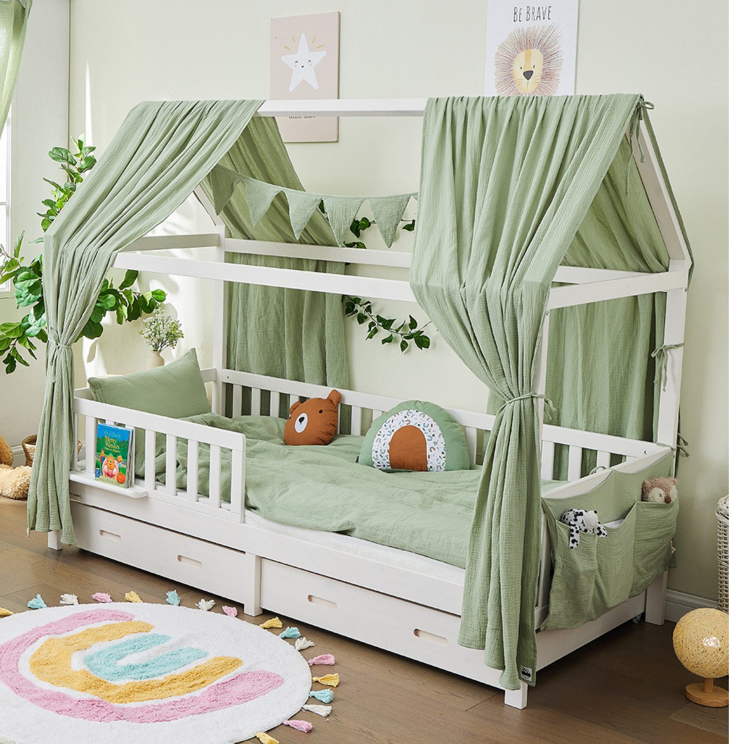 Alavya Home® Betthimmel Dekoset für Hausbett CLOUD 80x160, 90x200 – Für das perfekte Zimmer! (KOMPLETT SET I 2 Stück Betthimmel I 1 Stück Wimpelkette 300cm cm lang mit 9 Stück Wimpeln, 3-tlg), Dekoset aus 100% Bio-Musselin Baumwolle GOTS zertifiziert, 125x350 cm