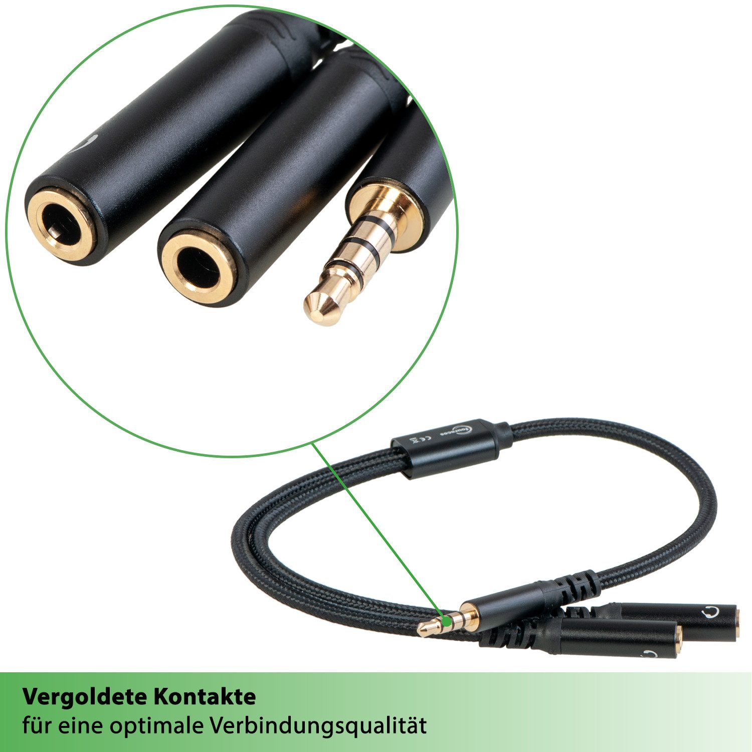 fouraces fouraces AUX Splitter, kurz, 30cm, 4pol für Headset, Kopfhörer, Handy Audio-Kabel, 3,5-mm-Klinke, 3,5-mm-Klinke (30 cm), perfekt für sehr kurze Verkabelungswege - z.B. im Auto