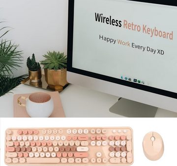 Gugxiom Kabellos, 2.4GHz für Office Home Gaming Tastatur- und Maus-Set, mit abnehmbaren runden Tastenkappen, Niedliche 104 Tasten Milchtee