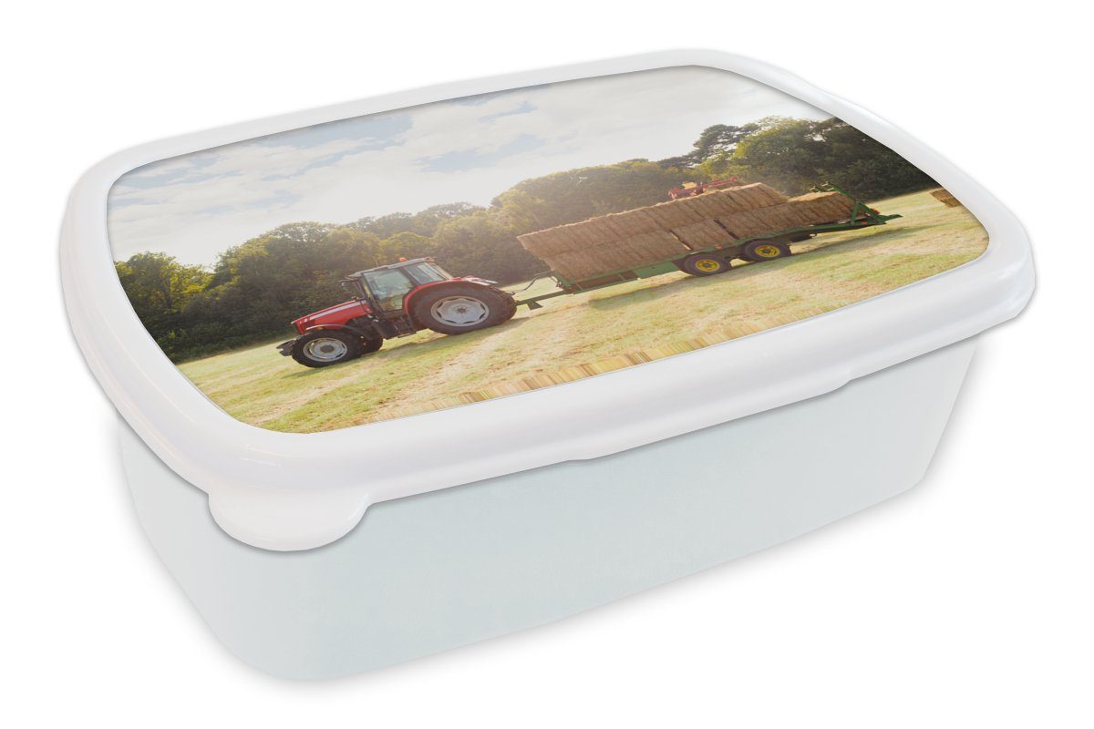 MuchoWow Lunchbox Traktor - Anhänger - Heu, Kunststoff, (2-tlg), Brotbox für Kinder und Erwachsene, Brotdose, für Jungs und Mädchen weiß