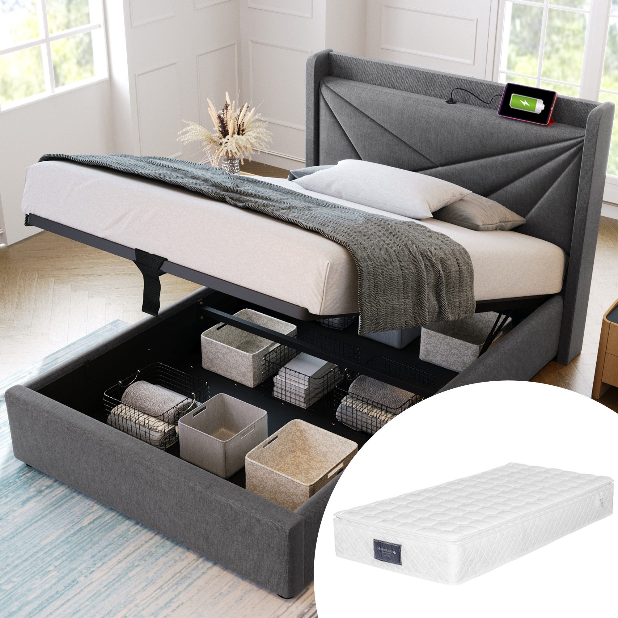 TavilaEcon Boxspringbett mit Bettkasten und USB Typ C, Größe wählbar von 140 bis 180 ×200 cm, 90x200cm, aus Leinenmaterial, Grau, mit Matratze