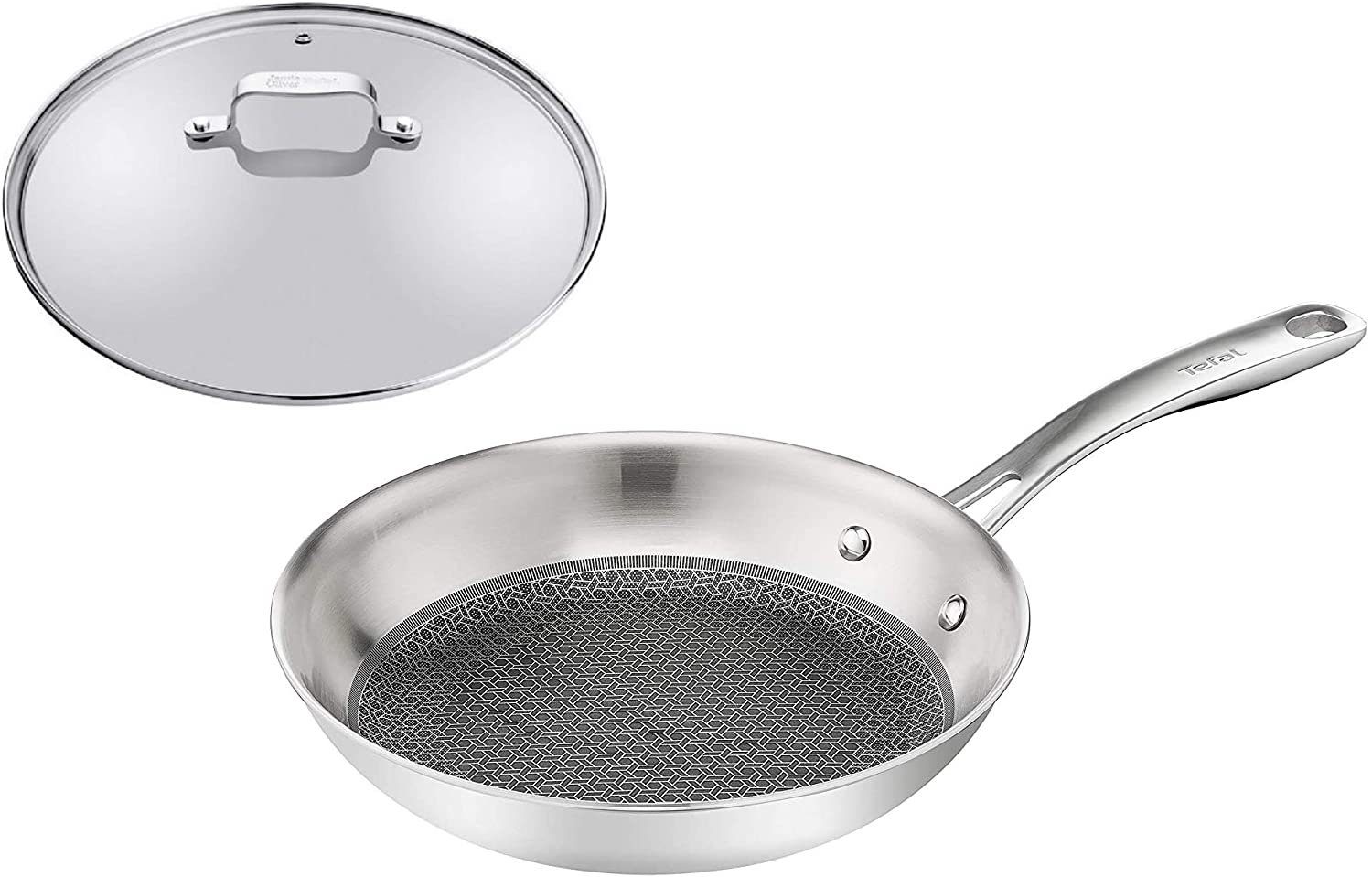 Tefal Bratpfanne Eternal Mesh Edelstahl Bratpfanne (24) cm mit Jamie Oliver  Glasdeckel, Edelstahl 18/10 (Set, 2-tlg., Pfanne mit Glasdeckel), Geeignet  für alle Herdarten, Kratzfeste Beschichtung