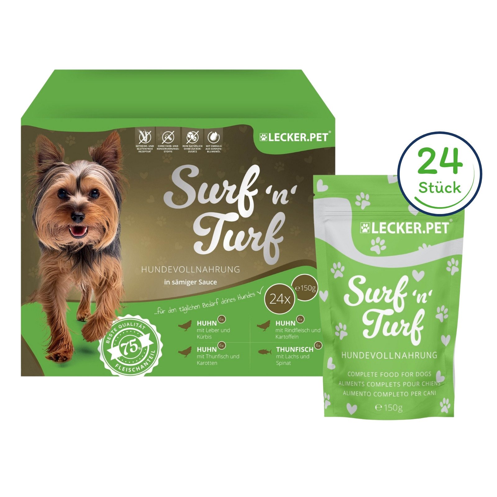 Lecker.Pet 24 x 150 g Lecker.Pet® Surf'n'Turf Pouches Hundefutter - 4 Sorten Huhn, Nassfutter für: Hund