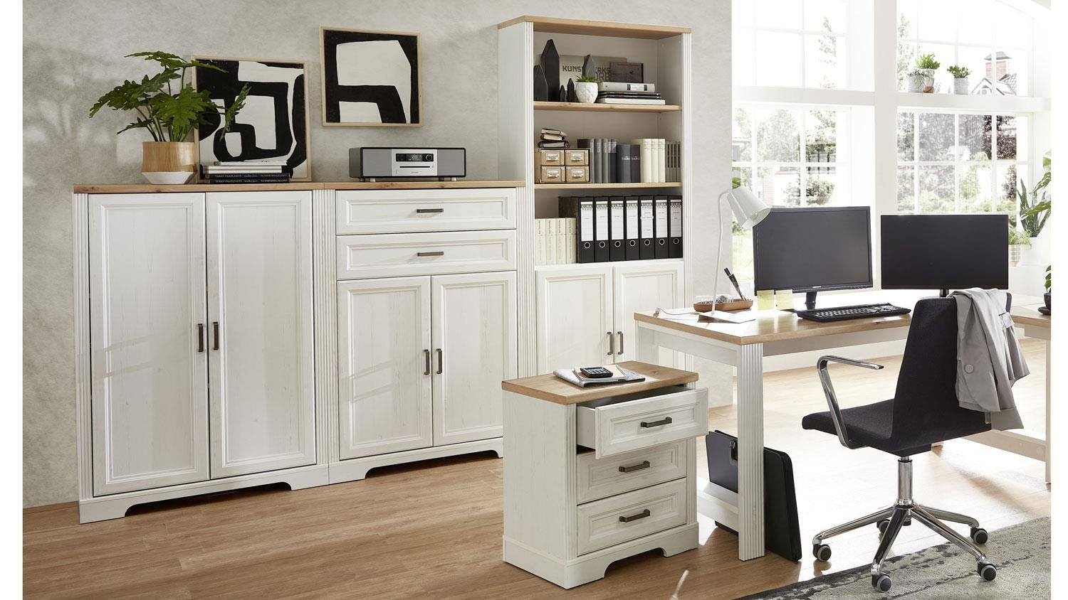 Innostyle Büromöbel-Set Büro Arbeitszimmer-Set Jasmin 5-teilig Pinie hell weiß Artisan Eiche, (5-tlg)