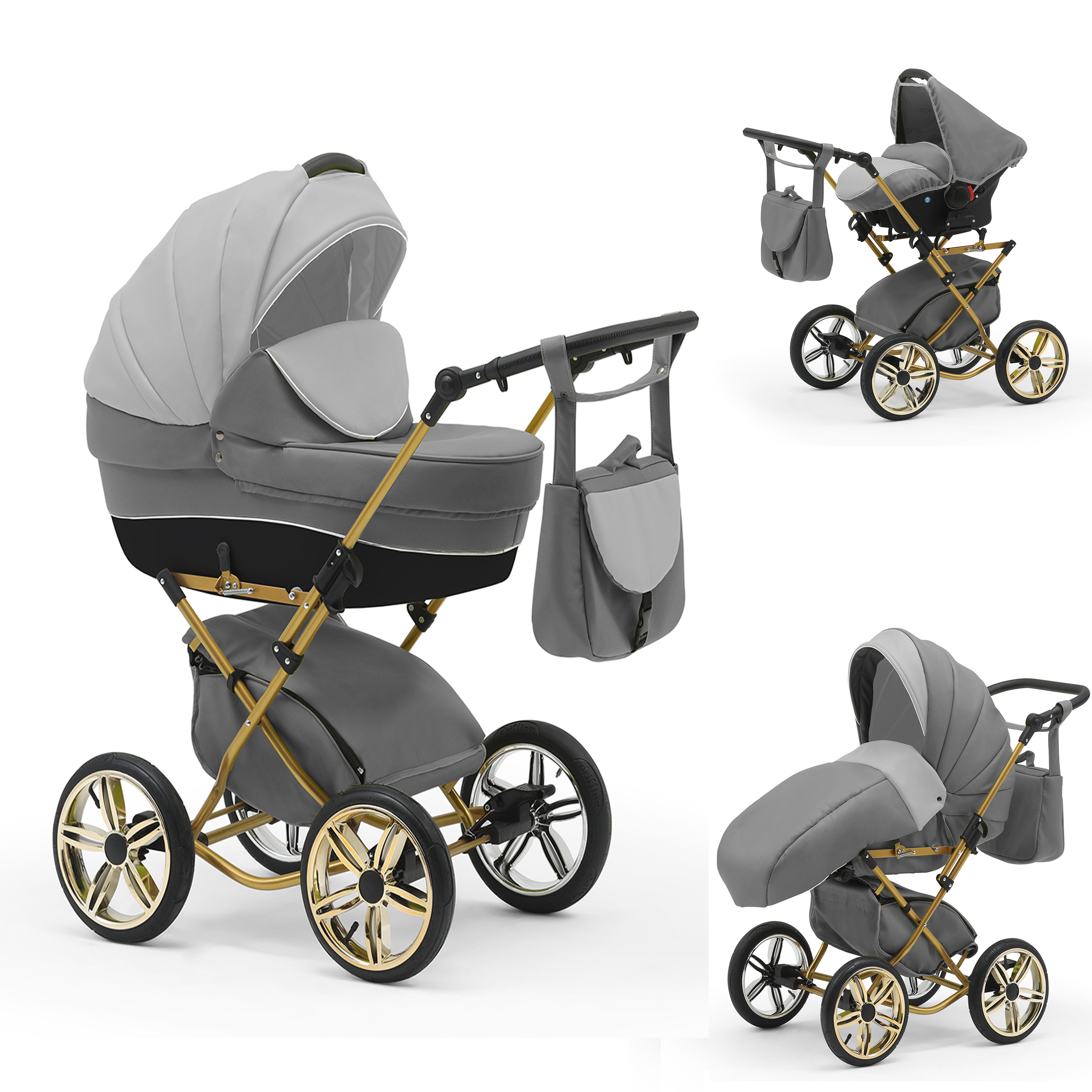 babies-on-wheels Kombi-Kinderwagen Sorento 3 in 1 inkl. Autositz - 13 Teile - in 10 Designs Grau-Dunkelgrau-Schwarz
