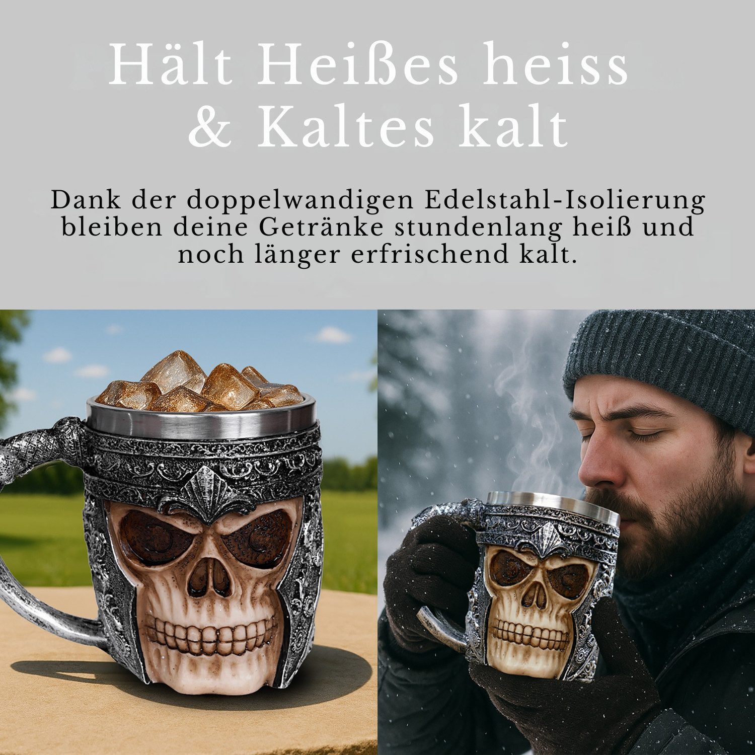Geschenkehöhle Bierkrug 3D Totenkopf Tasse aus Edelstahl - Wikinger Skull Head Schädel Becher, 400 ml purer Genuss – ob eisgekühlt oder feurig heiß