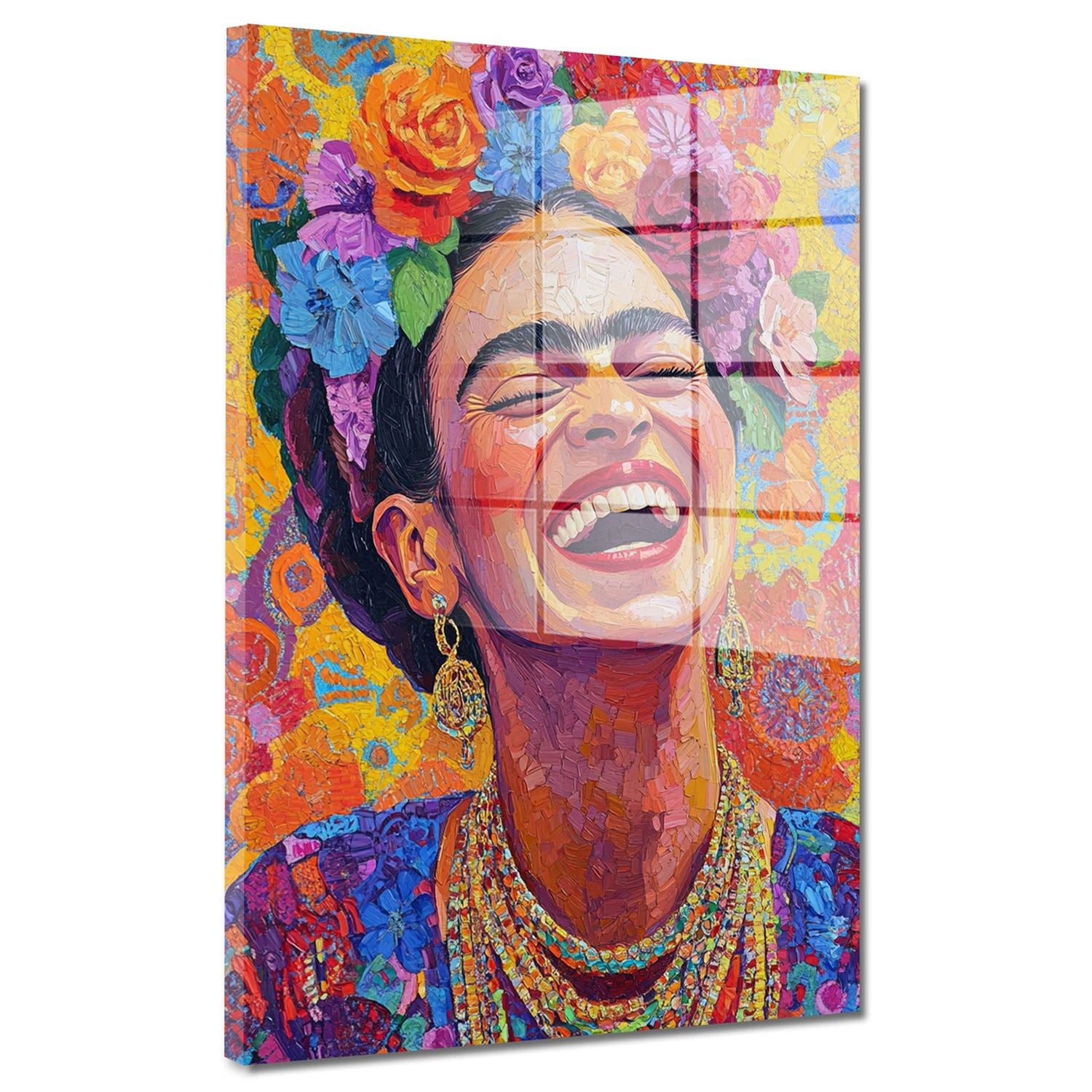 Artedinoi Acrylglasbild Frida mit Blumen Pop Art Acrylglas Wandbild Bild Wanddeko Wohnzimmer X