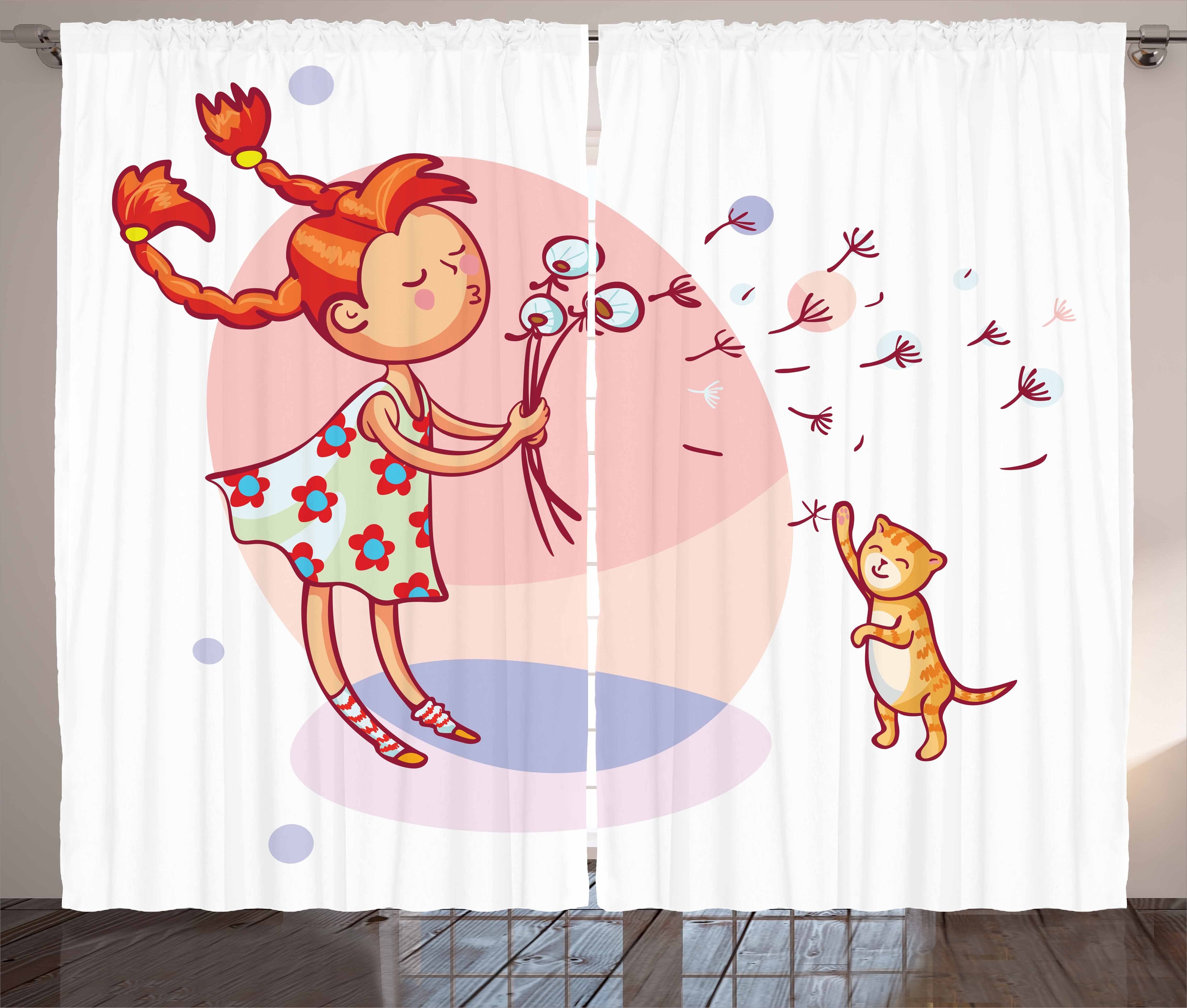 Gardine Schlafzimmer Kräuselband Vorhang mit Cartoon Abakuhaus, und und Löwenzahn Mädchen Schlaufen Katze Haken