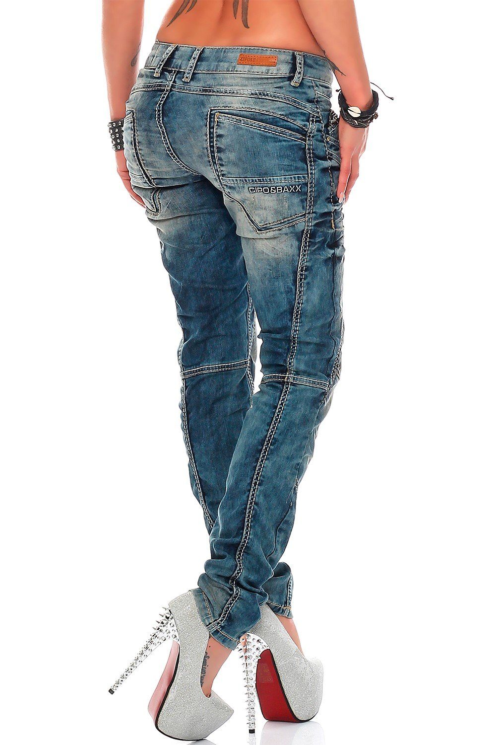Cipo & Baxx 5-Pocket-Jeans Damen Slim Fit Hose Stonewashed BA-WD175 (1-tlg) Stonewashed Look in hellblauer Verwaschung