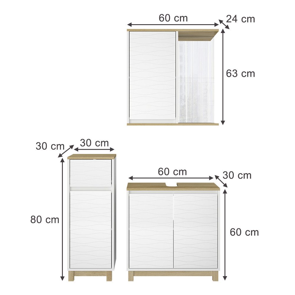 Vicco Badmöbel-Set Livia, Weiß/Eiche, 3 Teile, günstig online kaufen