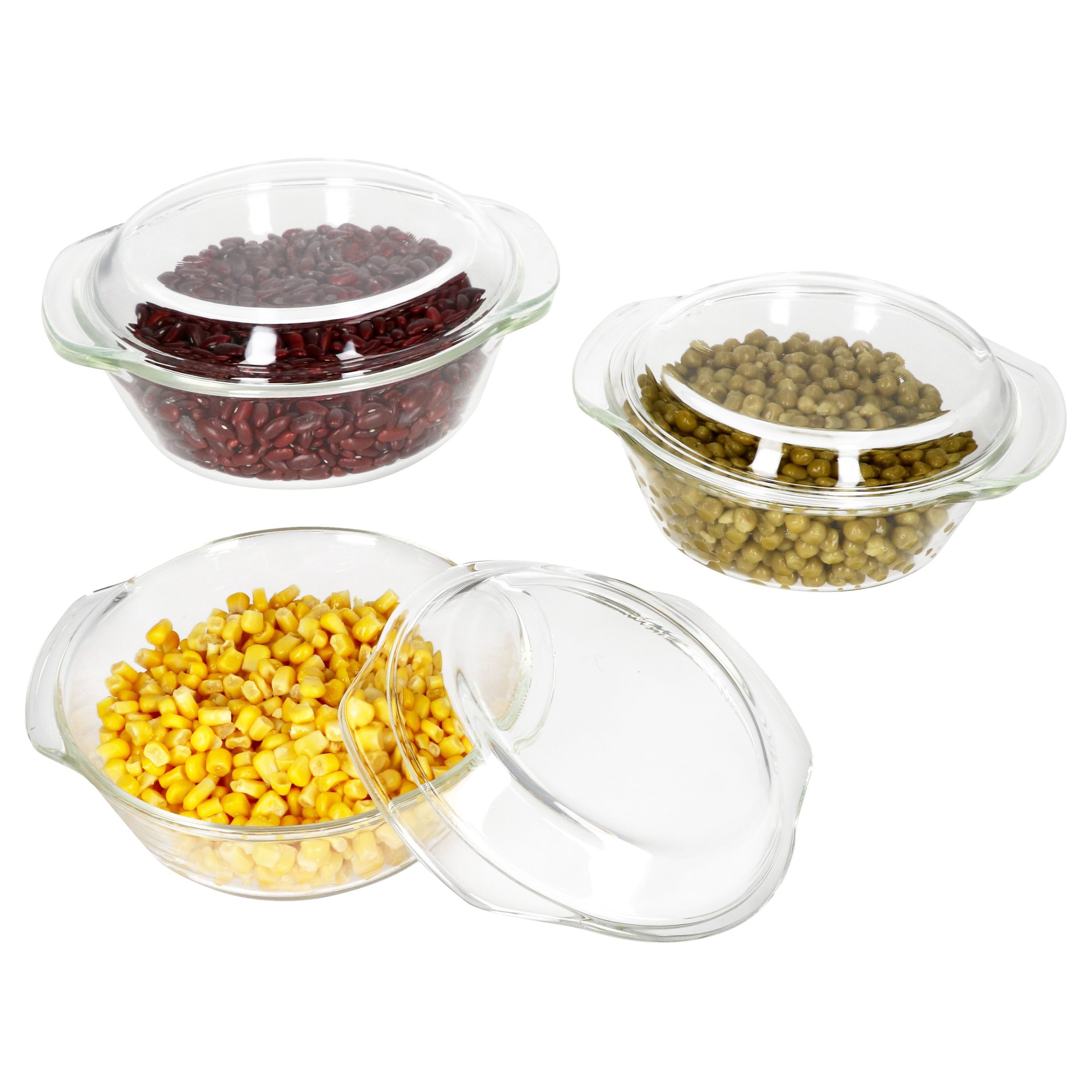 MamboCat Auflaufform 3tlg Set Brat- & Backform 0,7L 1L 1,5L Deckel Auflaufform rund Glas, Glas