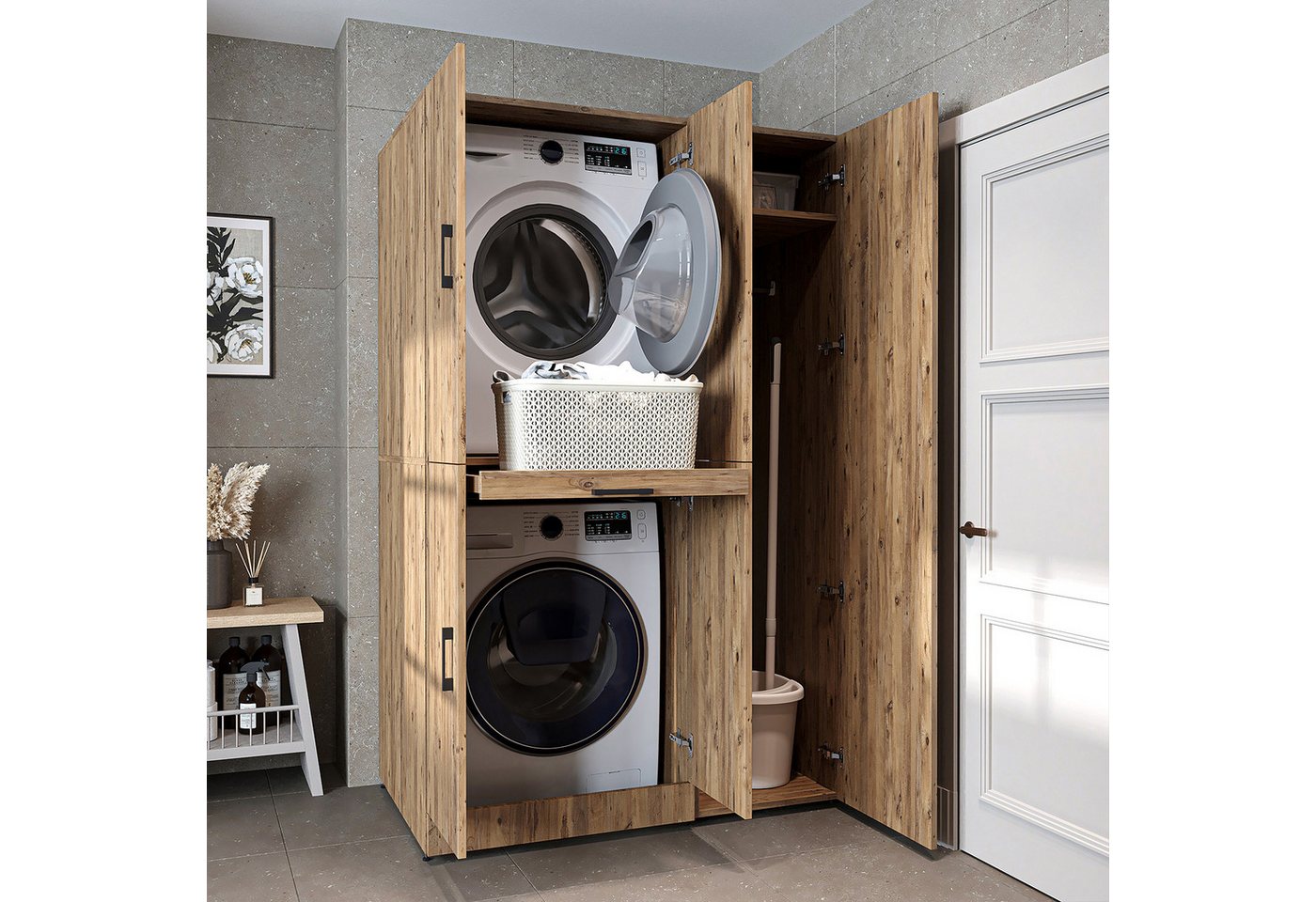Roomart Waschmaschinenumbauschrank DORA Waschküche 115 cm mit Hochschrank, Soft-Close, 4 Farben (Waschmaschinenschrank DORA für Trockner & Waschmaschine in 4 Farben) Soft-Close-Türen, Vollauszug, 130kg Belastbarkeit, 4 Farben