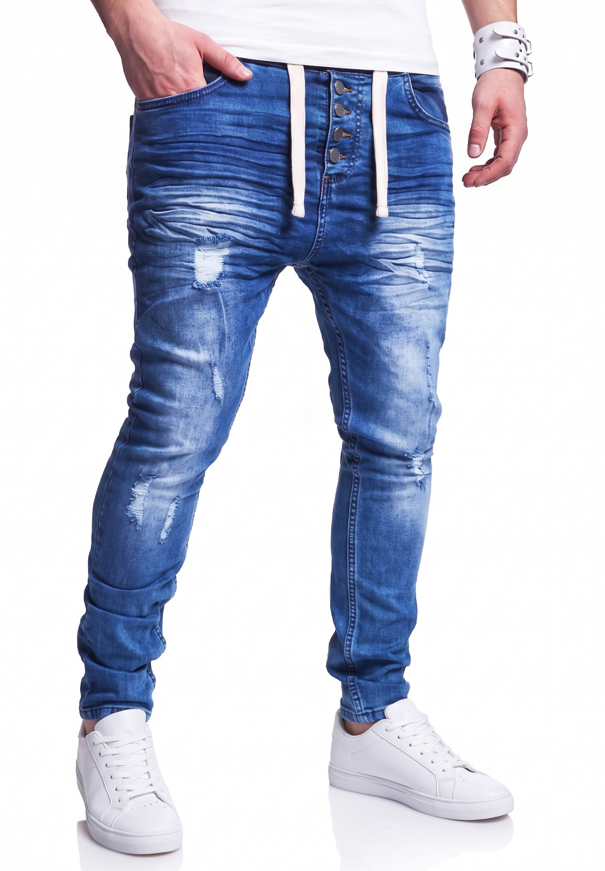 behype Slim-fit-Jeans mit Destroyed Effekten als Slim-Fit Hose Herren Lange Hose mit Elasthan im Used Look & Kordel