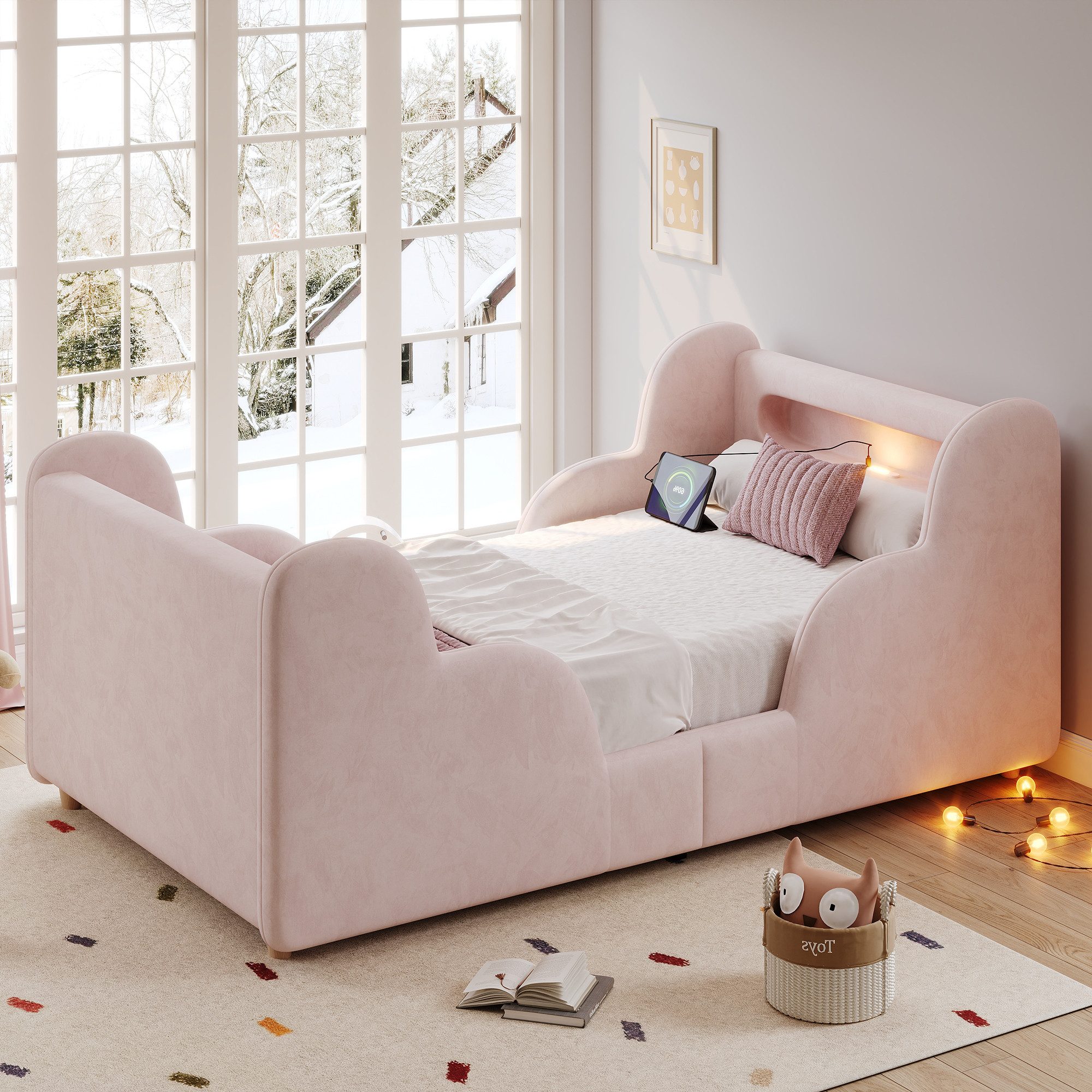 Flieks Polsterbett, Kinderbett 90x200cm mit Schutzgeländer, Nachtlicht, USB-Ladeanschluss