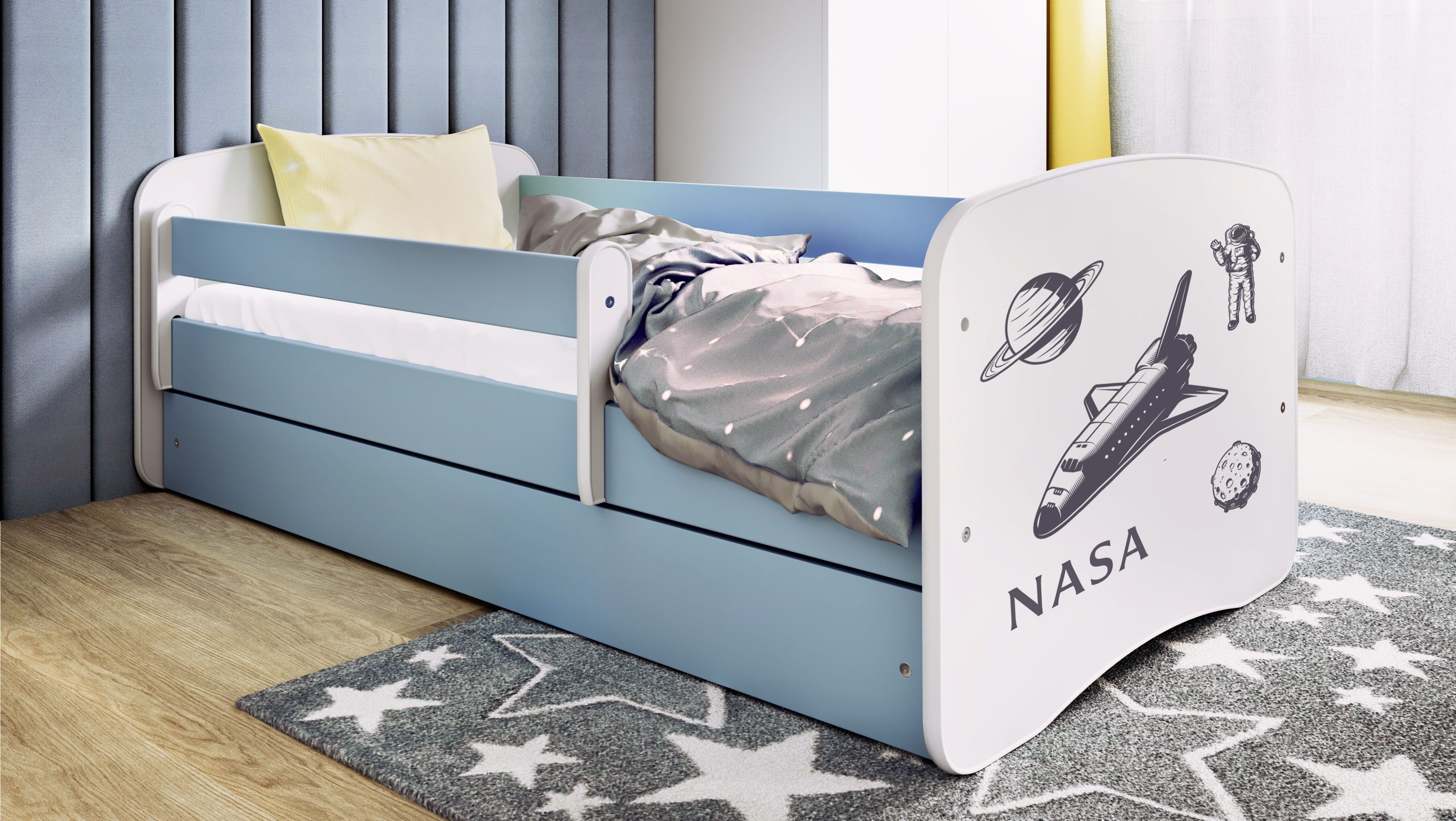 Raumhirsch Furniture Kinderbett 70x140, 80x160, 80x180 cm - Komplettset mit Matratze & Schublade (Bett für Jungs, Einzelbett für Kinder 2–12 Jahre mit Rausfallschutz), verschiedene Farben & Designs