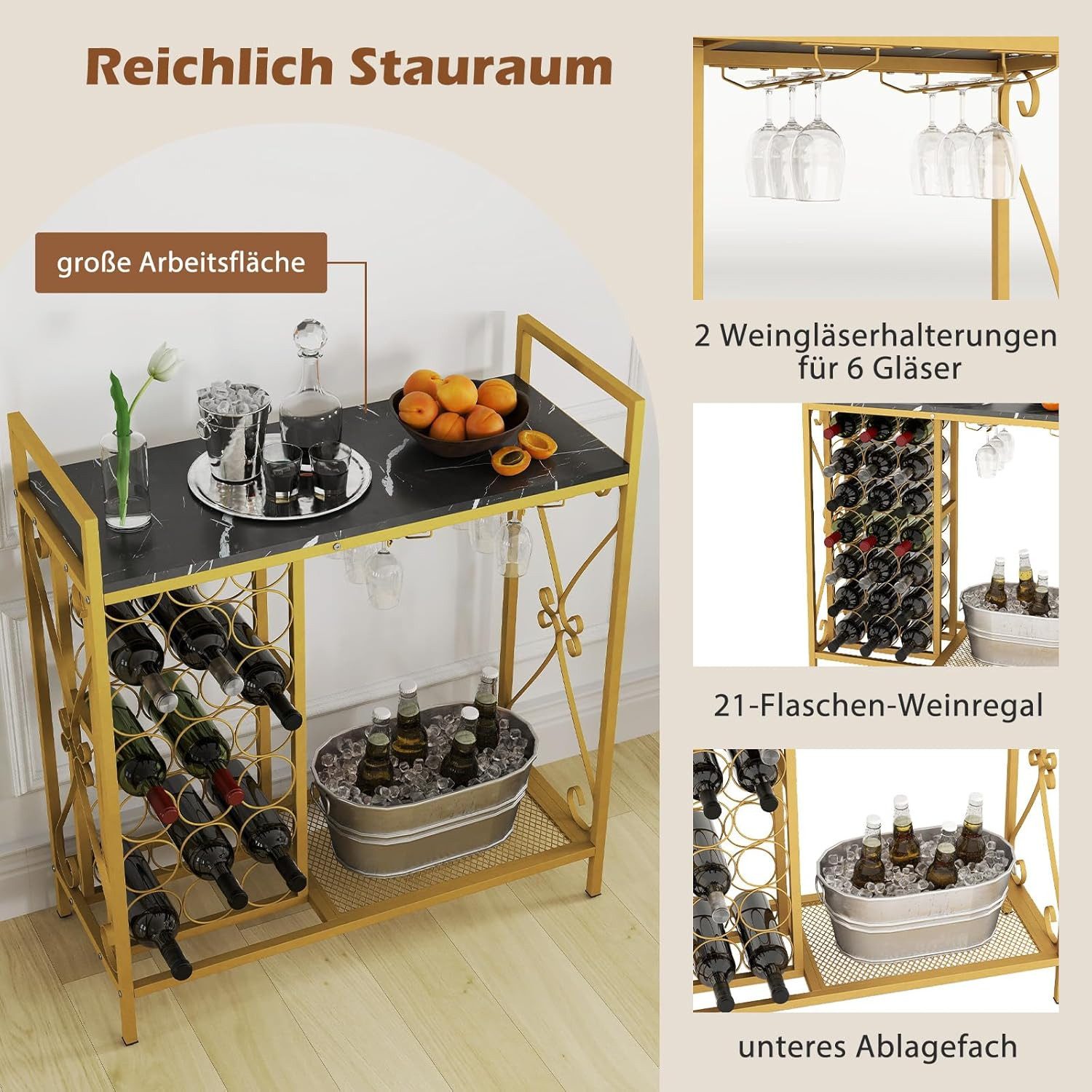 KOMFOTTEU Weinregal, Flaschenregal mit Weinglashalter für 6 Gläser & Gitterregal