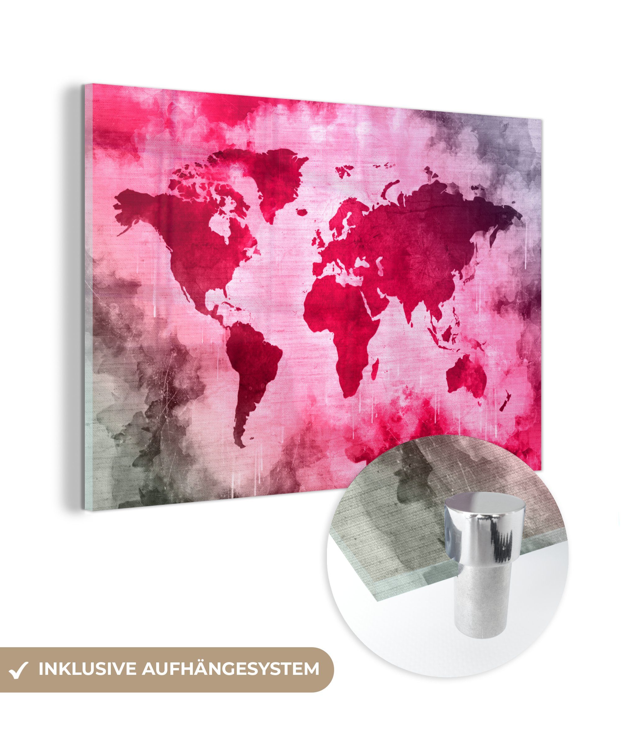 MuchoWow Acrylglasbild Weltkarte - Rot - Schwarz, (1 St), Glasbilder - Bilder auf Glas Wandbild - Foto auf Glas - Wanddekoration