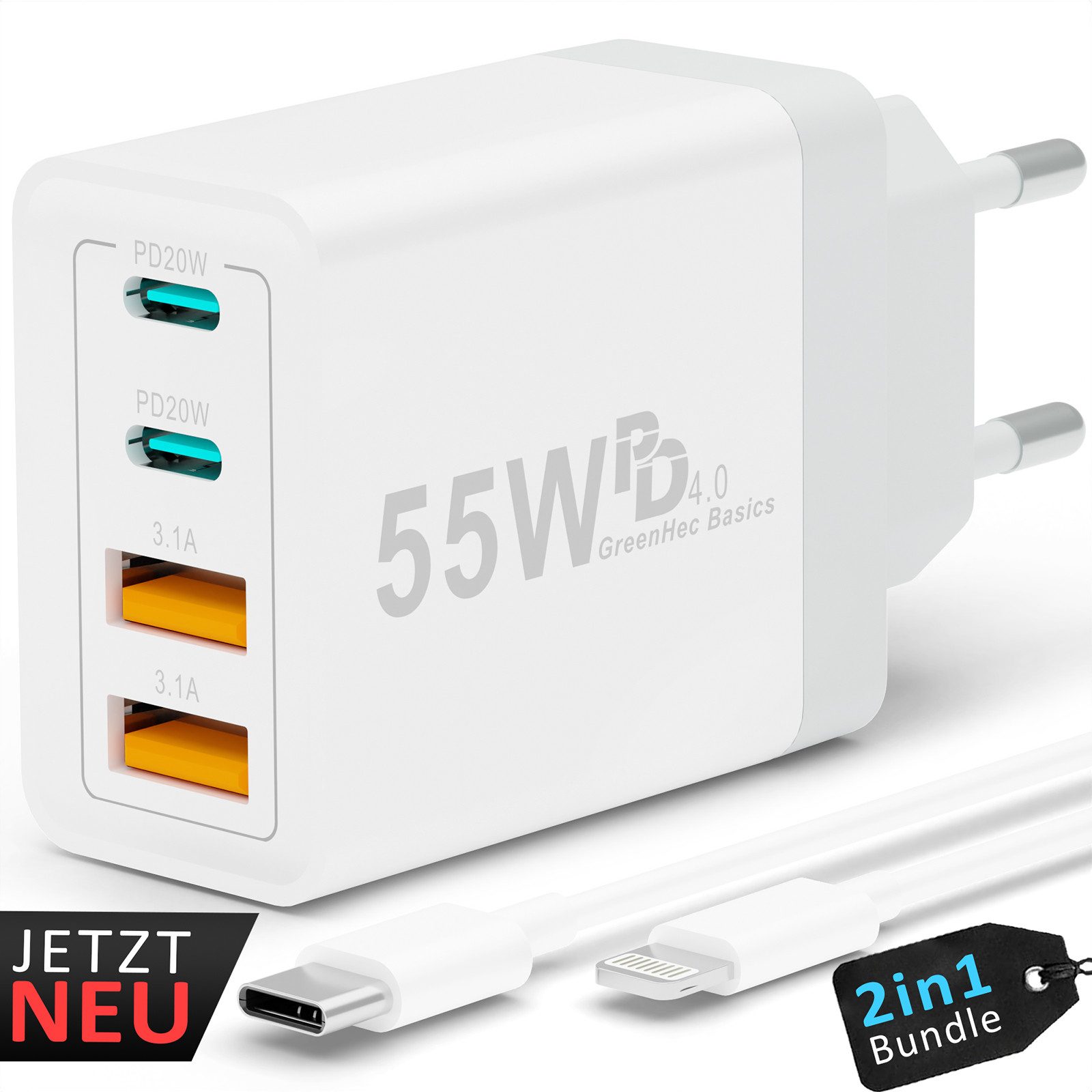 GreenHec USB-C Schnellladegerät iPhone 17 16 15 14 13 12 11 SE Charger Adapter Schnelllade-Gerät (0,00 mA, Spar-Set, 55w Quatro Charger + USB-C Kabel, Pro Max Air Netzteil Stecker Handy Phone Ladegerät Samsung mehrfach)