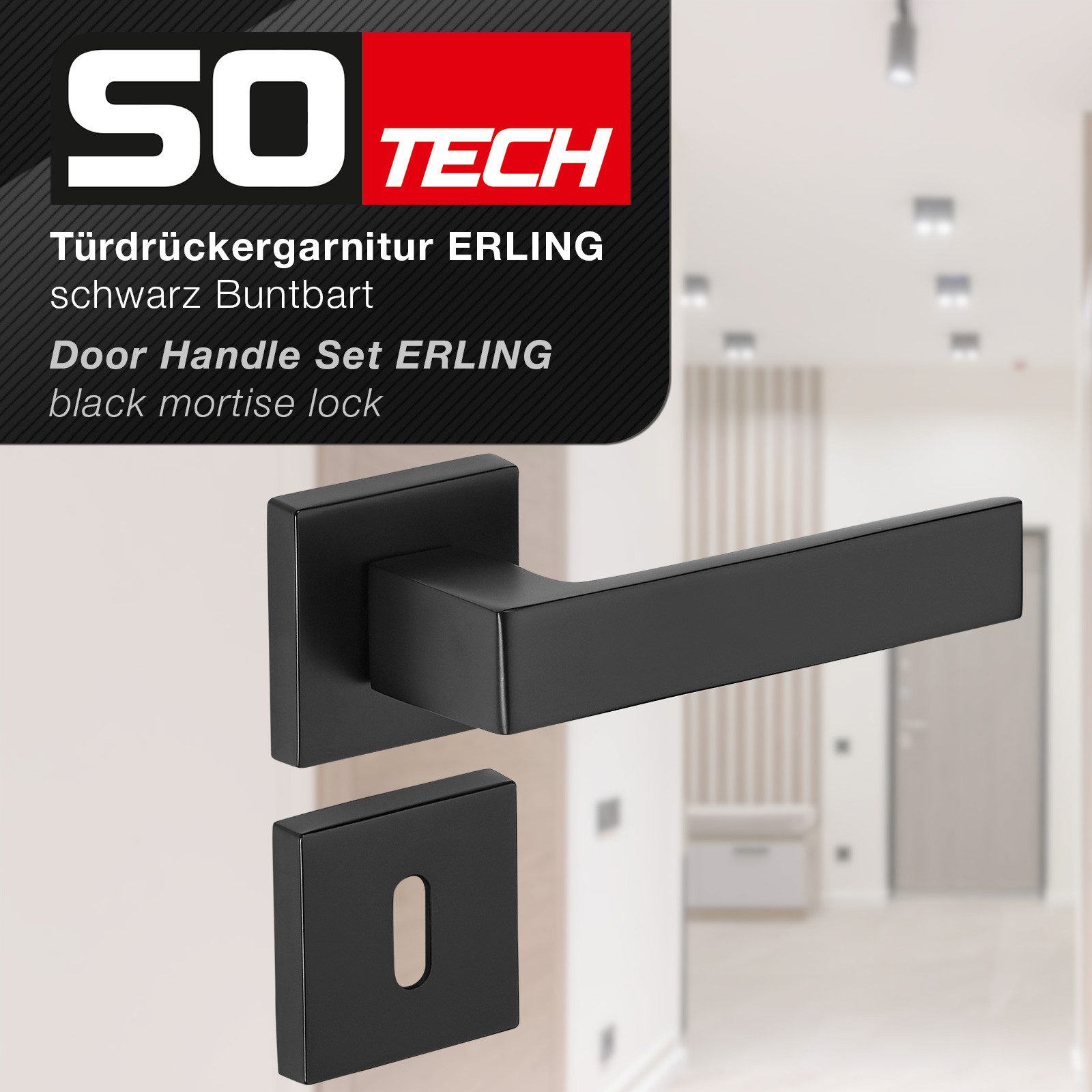 SO-TECH® Drückergarnitur Türdrücker ERLING Aluguss schwarz inkl. Befestigungsmaterial, Spar-Set, 1-tlg., mit Papier-Bohrschablone, mit BB-Rosetten - Buntbart fü – Bild 2 von 5