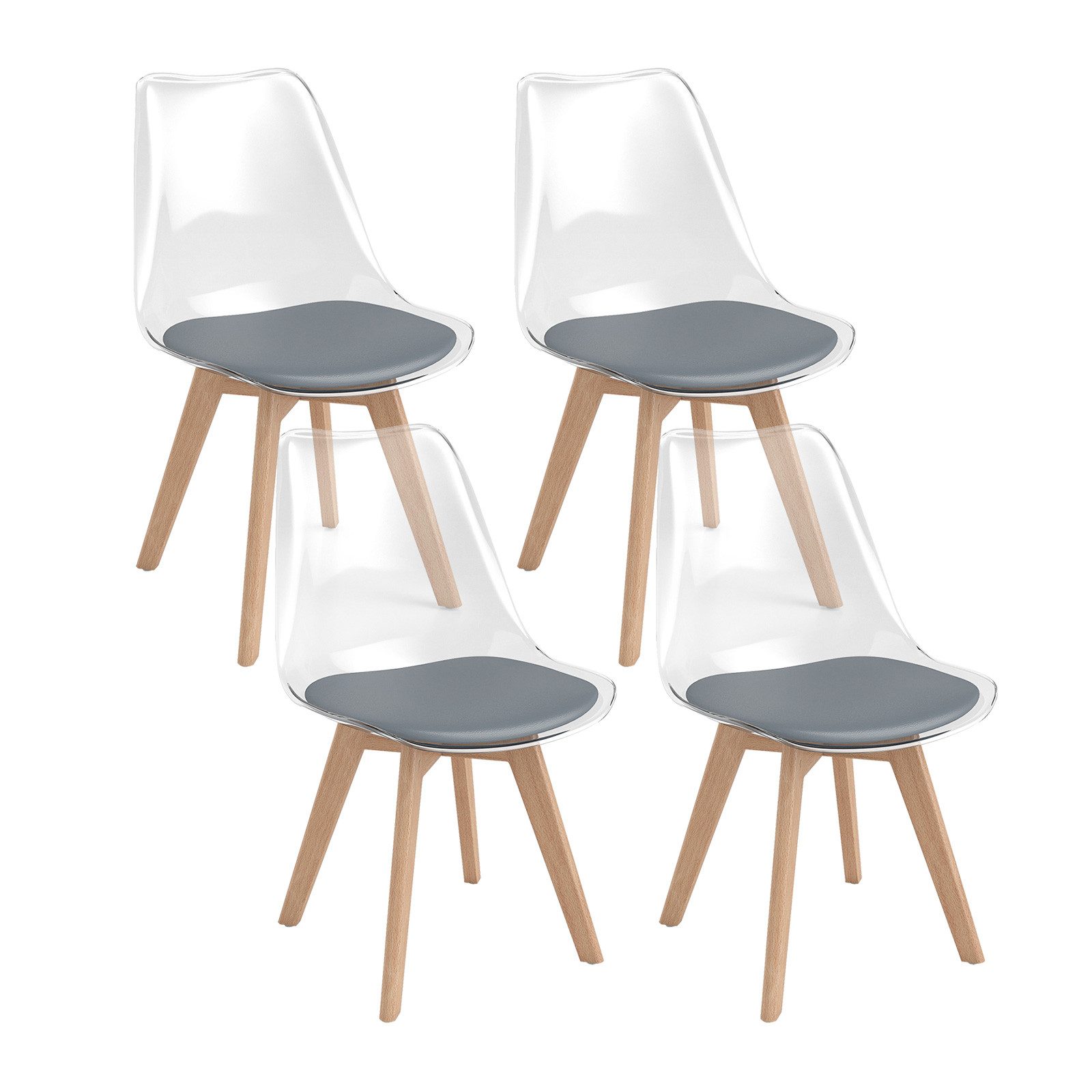 COSTWAY Esszimmerstuhl, 4er Set, gepolstert, transparent mit Massivholz Beine 150kg