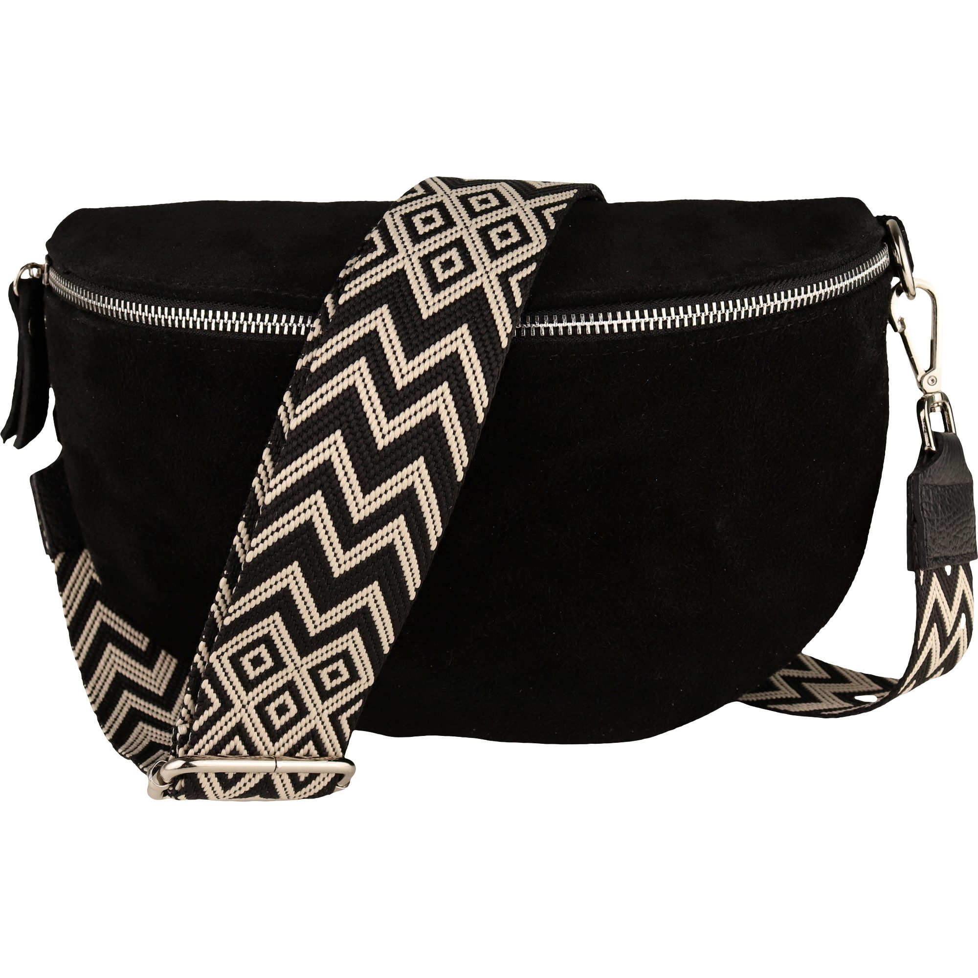 MIRROSI Bauchtasche Damen, Veloursleder, Made in Italy,Umhängetasche; Brusttasche (Schultertasche für jeden Anlass, 28x18x9 cm), Crossbody Bag, Schwarz, gemusterten& verstellbaren Schulterriemen