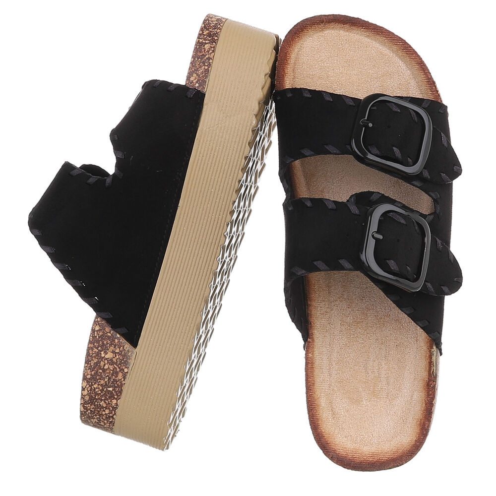 Ital-Design Damen Plateau-Pantolette mit Schnallen und Zierprägung Plateausandaletten (91895617) Flach Pantoletten in Schwarz