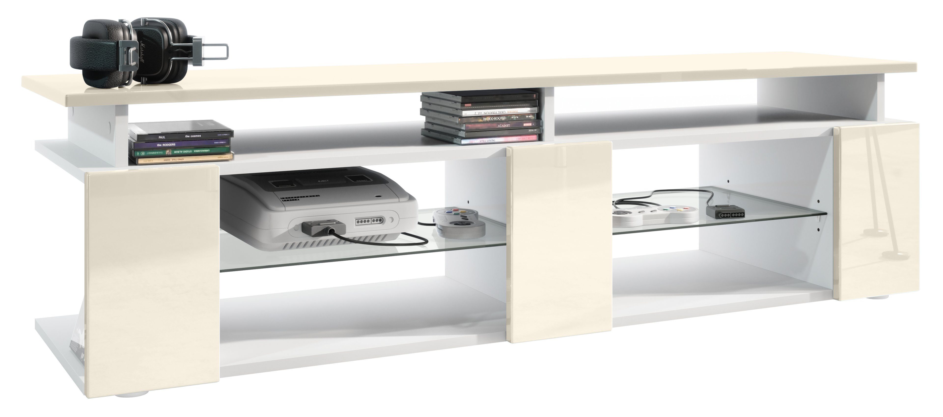 Vladon Lowboard Movie V2 (Lowboard + Tv-Aufsatz, mit insgesamt 8 Fächern), Weiß matt/Creme Hochglanz (138,5 x 39 x 39 cm)