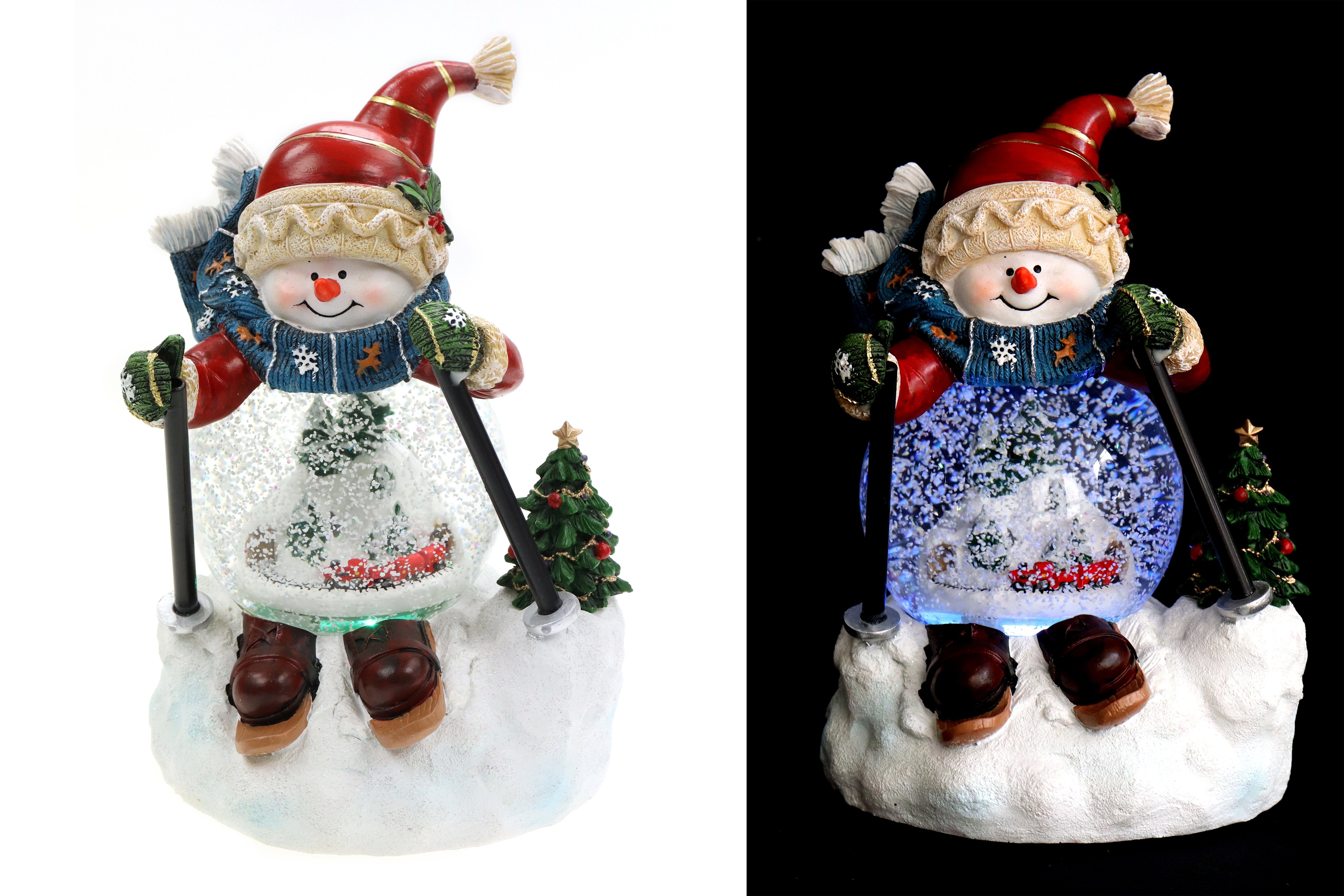 Skifahrer-Schneemann weihnachtlich Schneewirbel, als Dekoration Winter mit 21cm & ELLUG Weihnachten Musik Ø100mm, Licht Schneekugel H.: Schneekugel