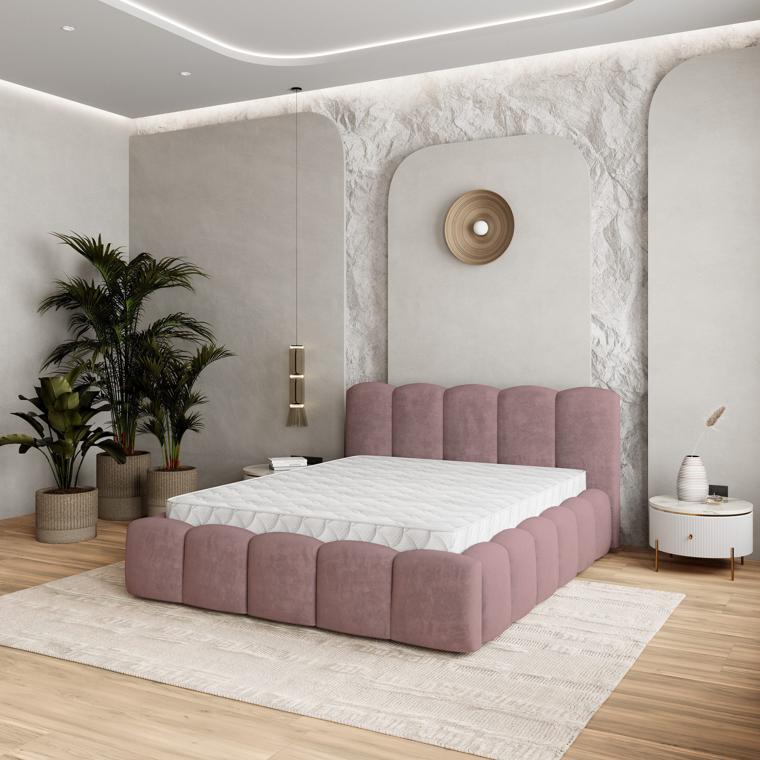 Masseno Polsterbett FALINA 160x200 cm rosa (mit Bettkasten und Lattenrost)
