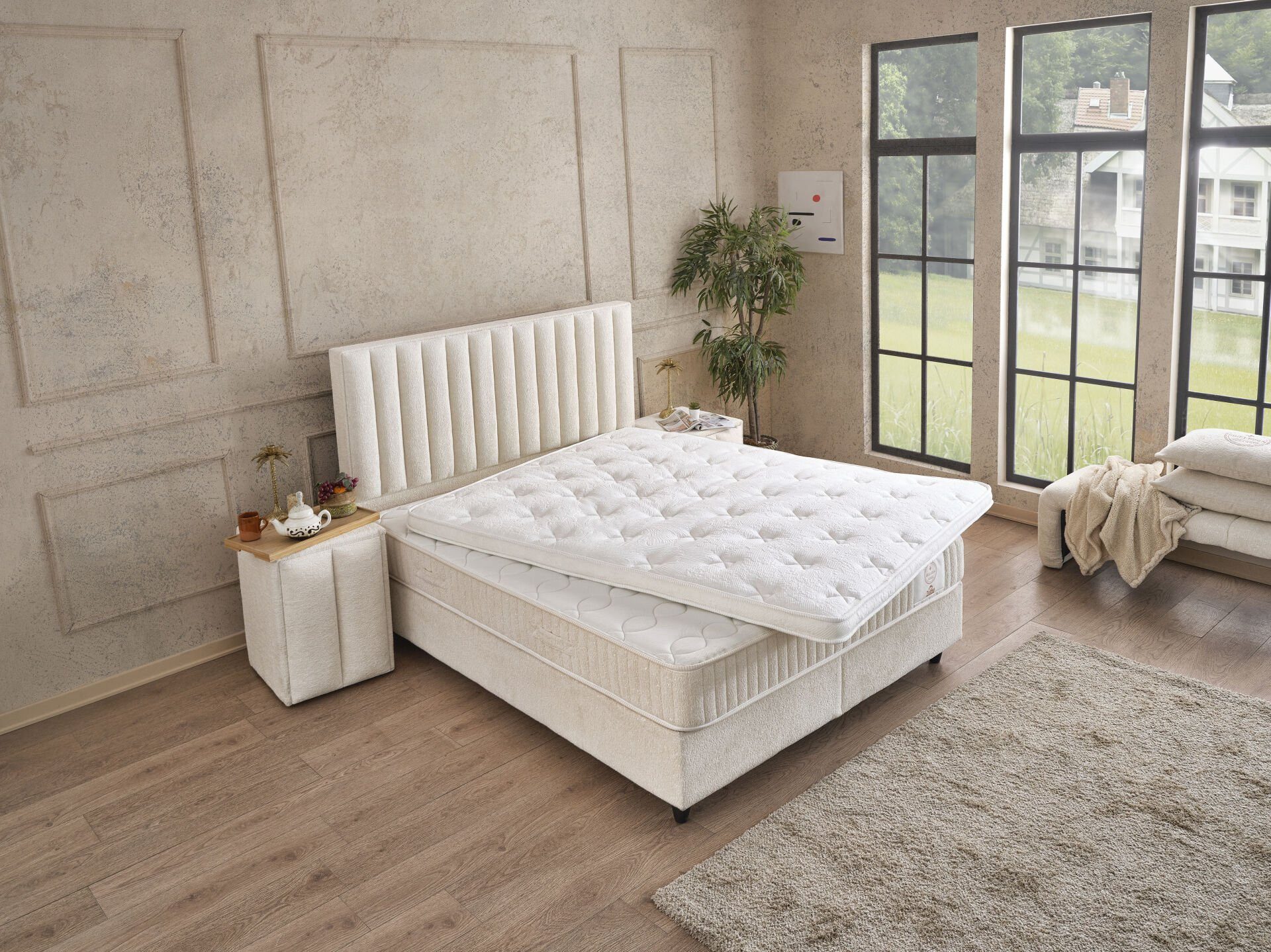 gowoll Boxspringbett 180 x 200 Beige mit Matratze und gepolstertem Kopfteil Luxus bett (Kostenlose Lieferung, gepolstertes Kopfteil + Taschefederkern Matratze + 2 Bettkästen), Doppelbett gepolstertes Kopfteil Bett mit Bettkasten