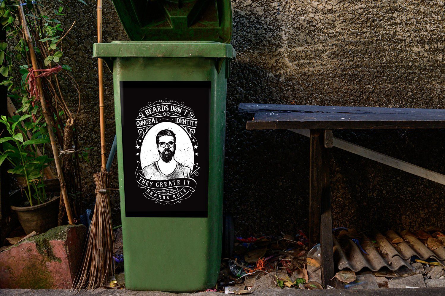 Wandsticker Männer Mülltonne, - Mülleimer-aufkleber, - Sticker, (1 - Container, MuchoWow St), Mancave Bart Retro Abfalbehälter