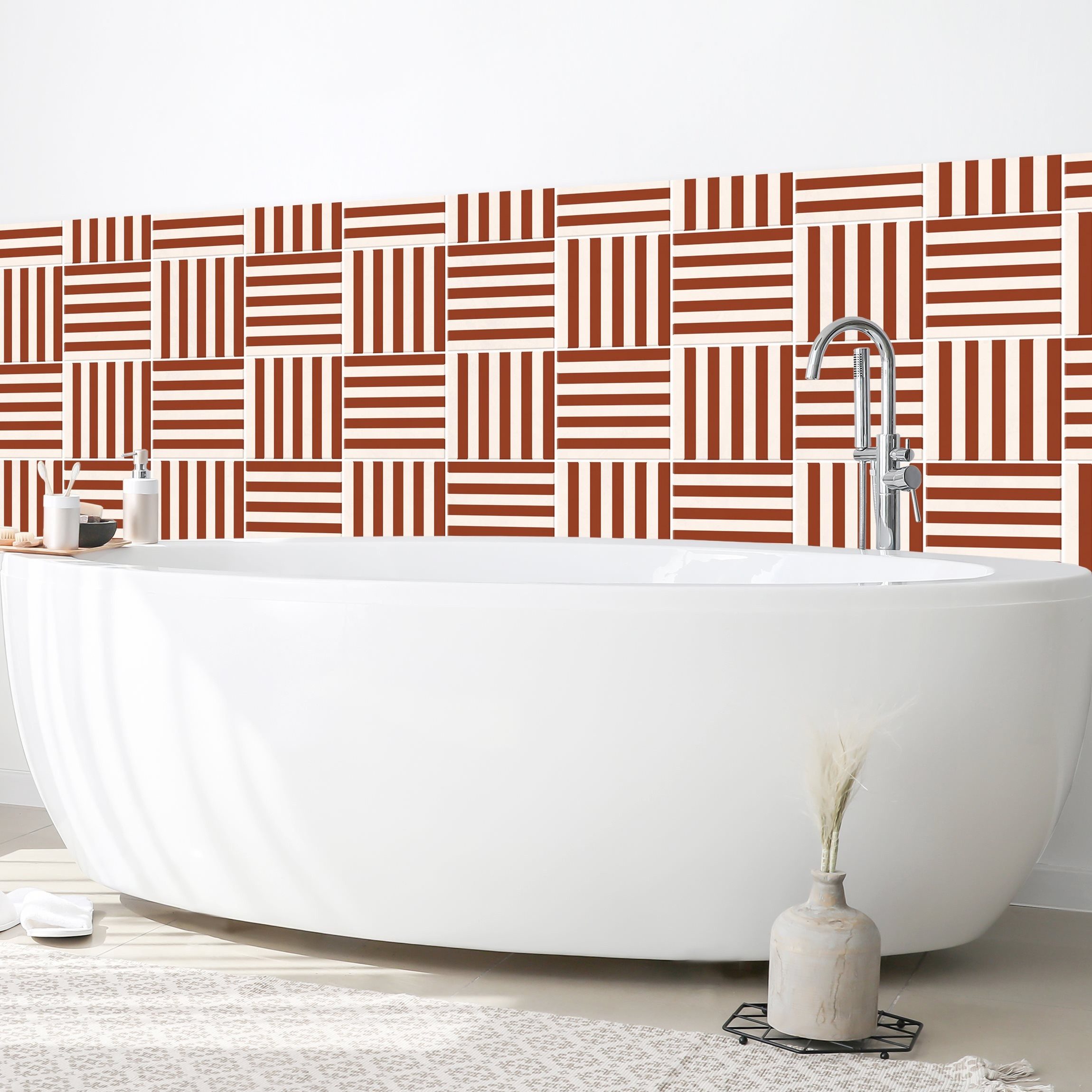 Bilderdepot24 Badrückwand rot fugenlose Wandverkleidung Bad modern, (Hartfolie matt » Selbstklebend SMART 0,35 mm), wasserfestes Wandpaneel Fliesen Streifen Terracotta