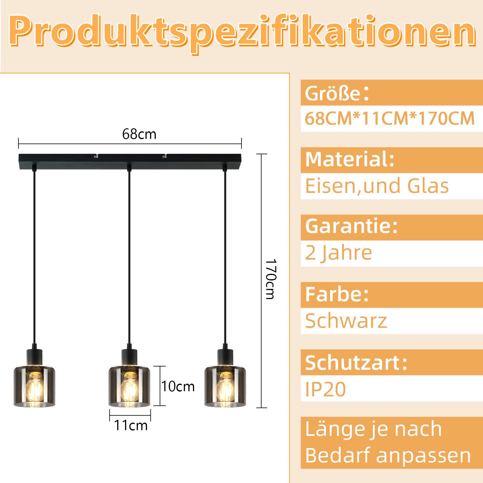 Nettlife Pendelleuchte Schwarz Vintage E27 Glas Esstisch 1/3 Flammig Wohnzimmer Hängelampe, Höhenverstellbar, LED wechselbar, Esszimmer Hotel Büro – Bild 4 von 5
