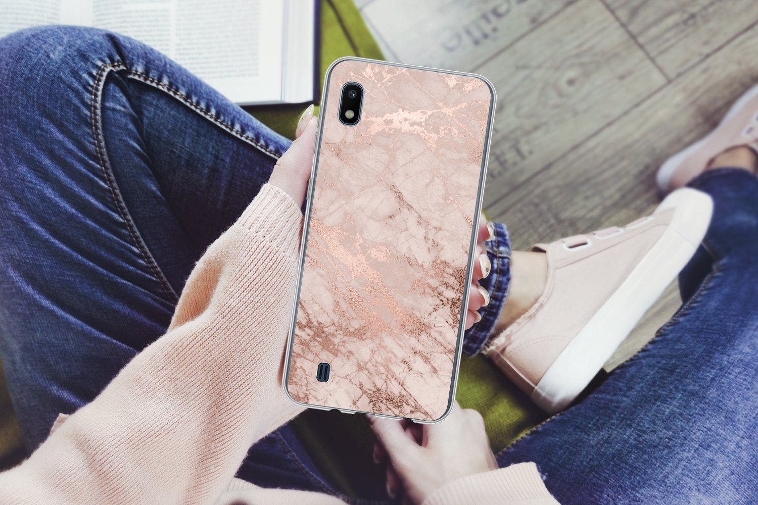 MuchoWow Handyhülle für Samsung Galaxy A10 Marmor - Rosa - Luxus - Marmoroptik - Glitzer -, Smartphone-Bumper, Print, Handy Schutzhülle Dünn