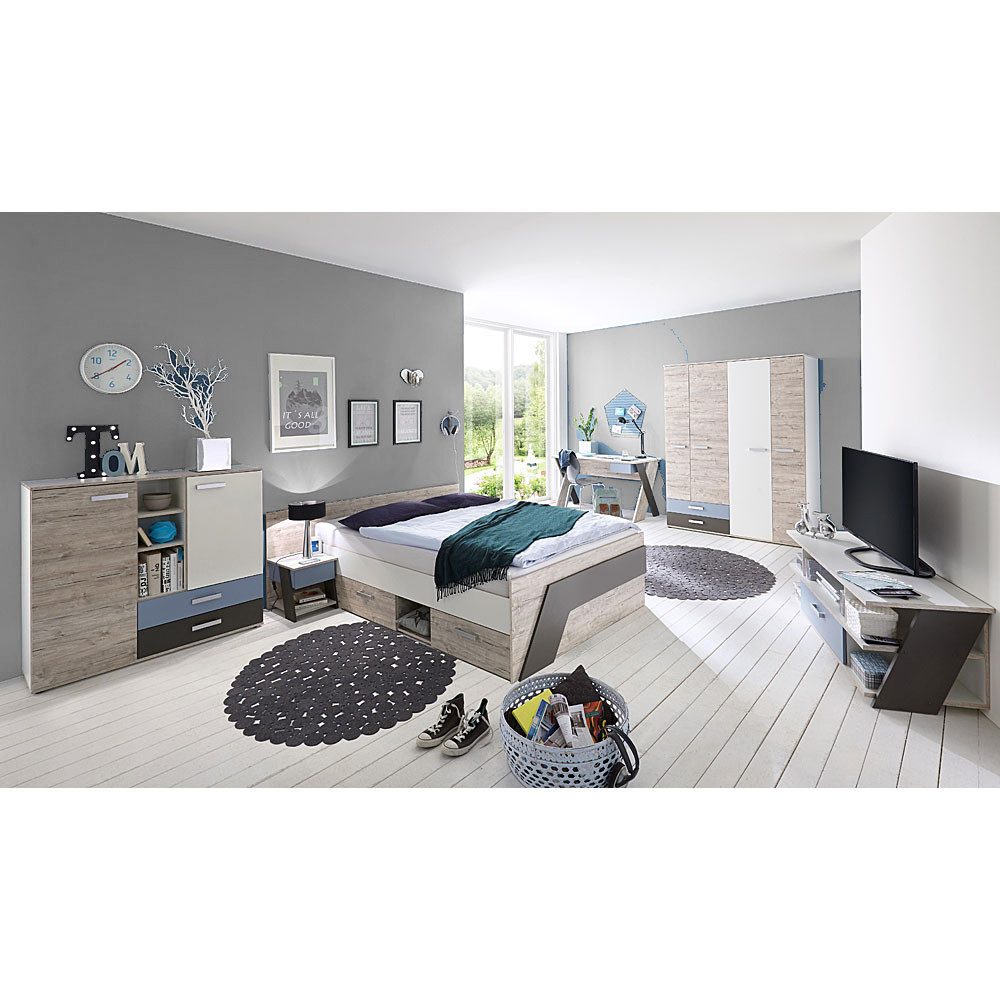 Lomadox Jugendzimmer-Set LEEDS-10, (Sparset, 6-tlg), Sandeiche Nachbildung mit weiß Lava und Denim Blau