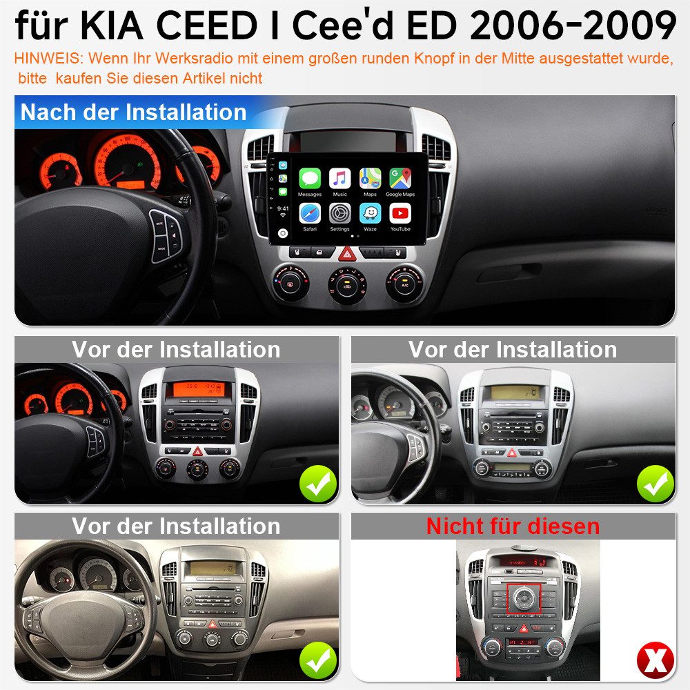 A-Sure Autoradio Android 15 GPS Navi CarPlay für Kia Ceed ED 2006-2009 Autoradio (DSP, Digitalradio (DAB), 8 Core, 1280*720, 4Core)