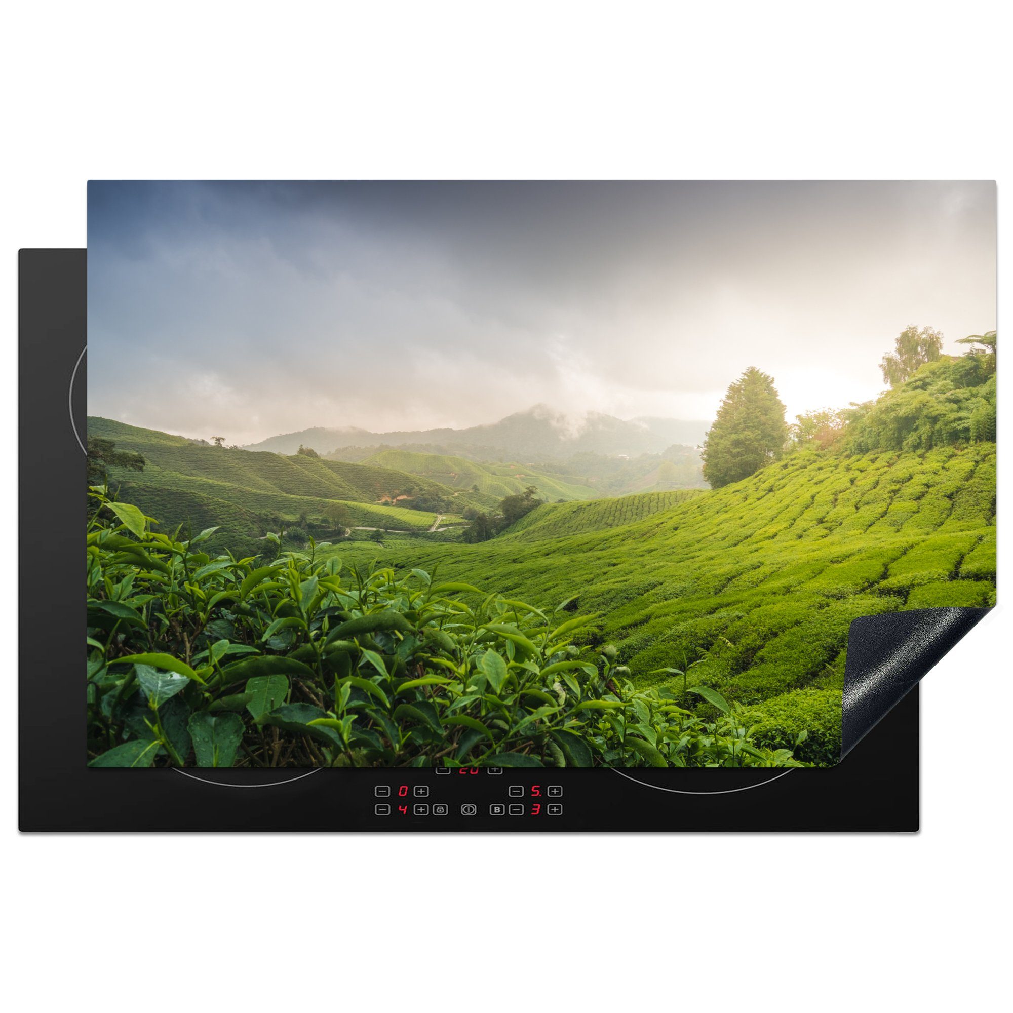 MuchoWow Herdblende-/Abdeckplatte Eine Teeplantage an einem nebligen Tag in Malaysia, Vinyl, (1 tlg), 81x52 cm, Induktionskochfeld Schutz für die küche, Ceranfeldabdeckung
