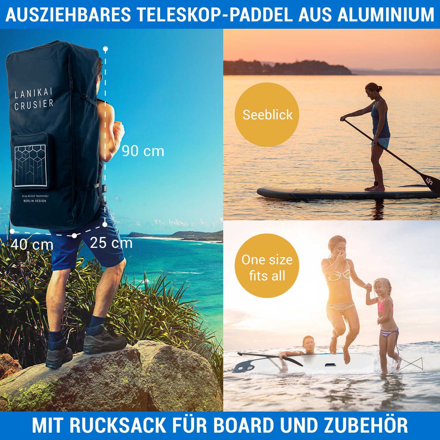 Capital Sports Inflatable SUP-Board Lanikai Cruiser 9.8, Paddle Board, (Set), Stand Up Paddling Board Standup Paddle Board SUP Board Paddel Board