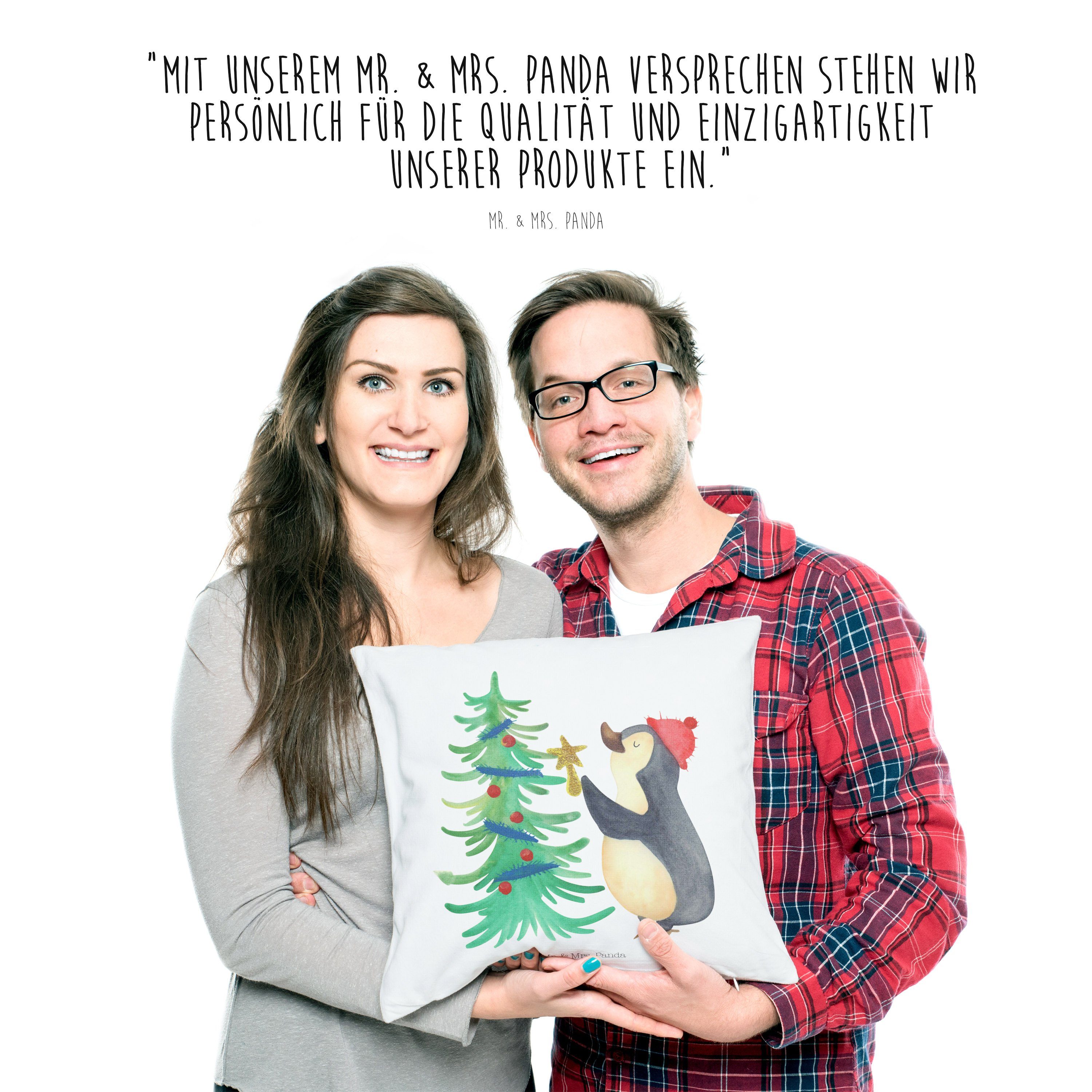 Mr. & Mrs. Panda Kissenhülle, Weihnachtsbaum Sofaki - Geschenk, Advent, Weiß Dekokissen - Pinguin